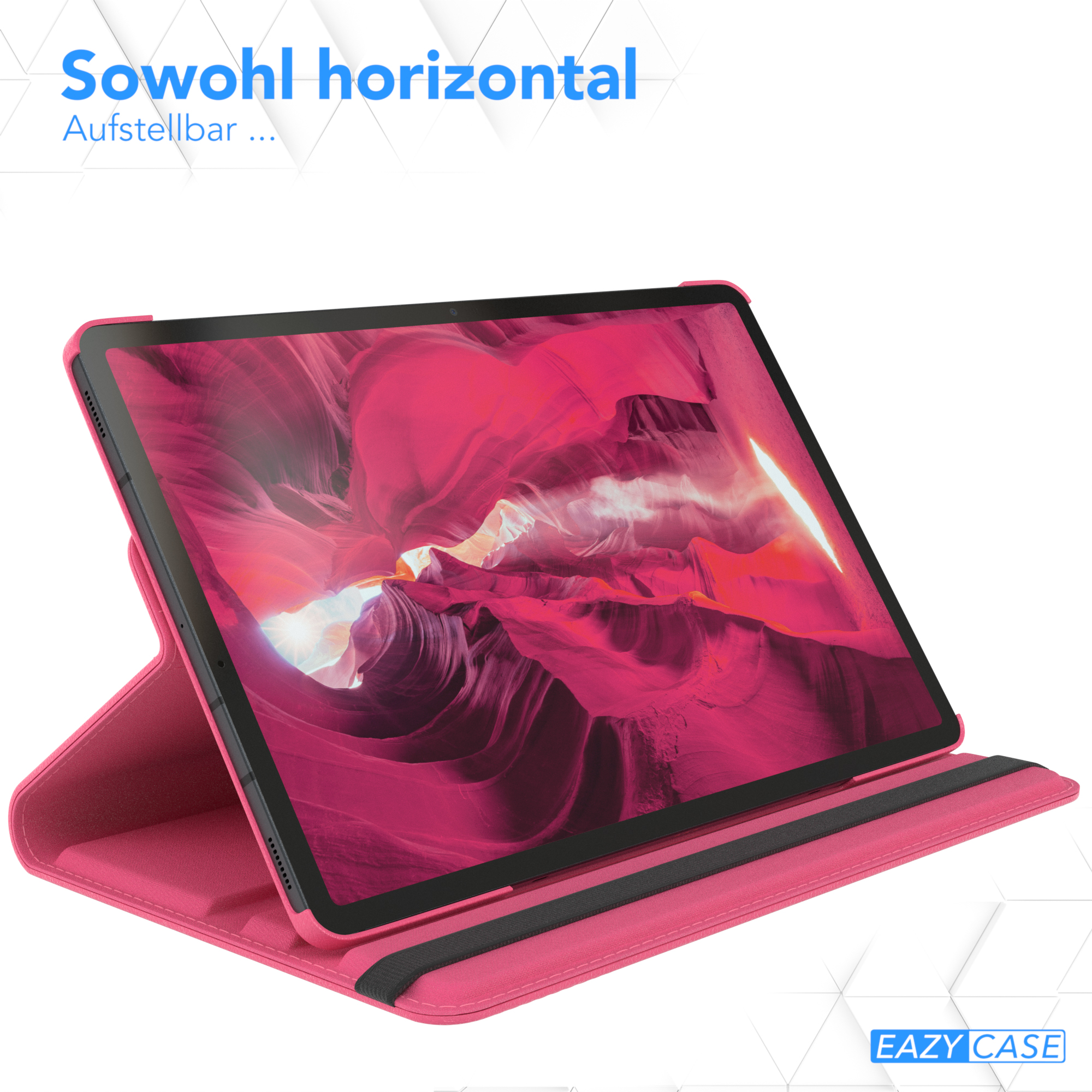 Tablet in einem pinkfarbenen Case. Es ist offen und horizontal platziert. Text: Sowohl horizontal.