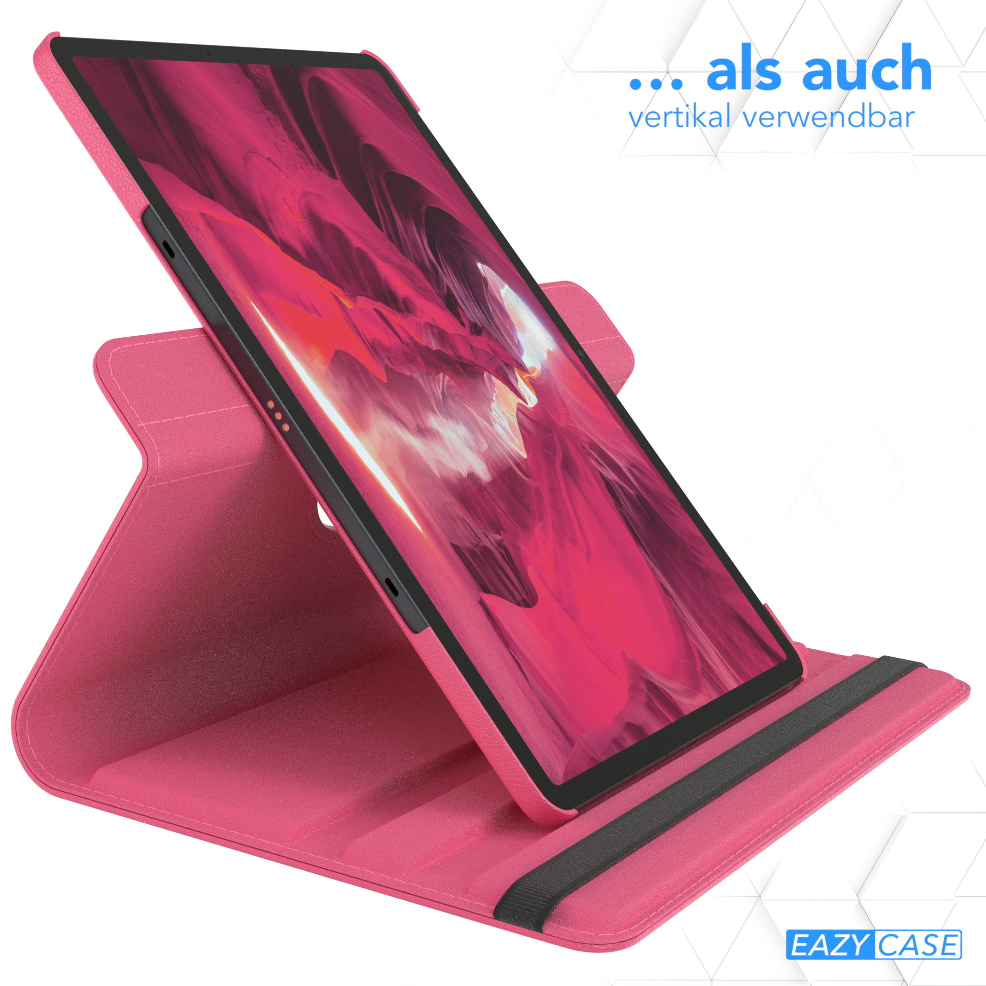 Rosa Tablet in rosa Hülle. Das Tablet ist aufgestellt, die Hülle hat ein schwarzes Band.