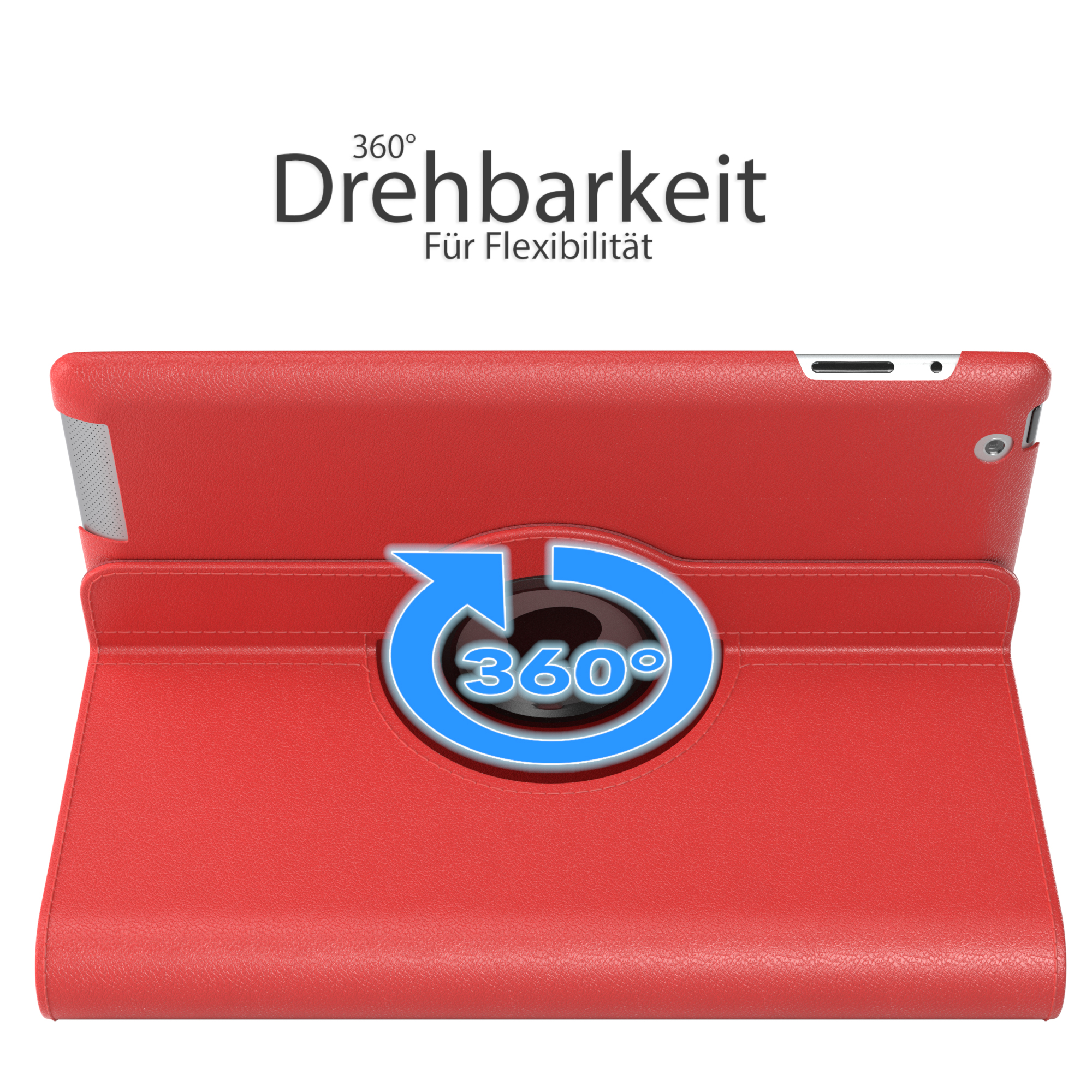 Rote Tablethülle mit blauem 360-Grad-Drehsymbol, zeigt Flexibilität.