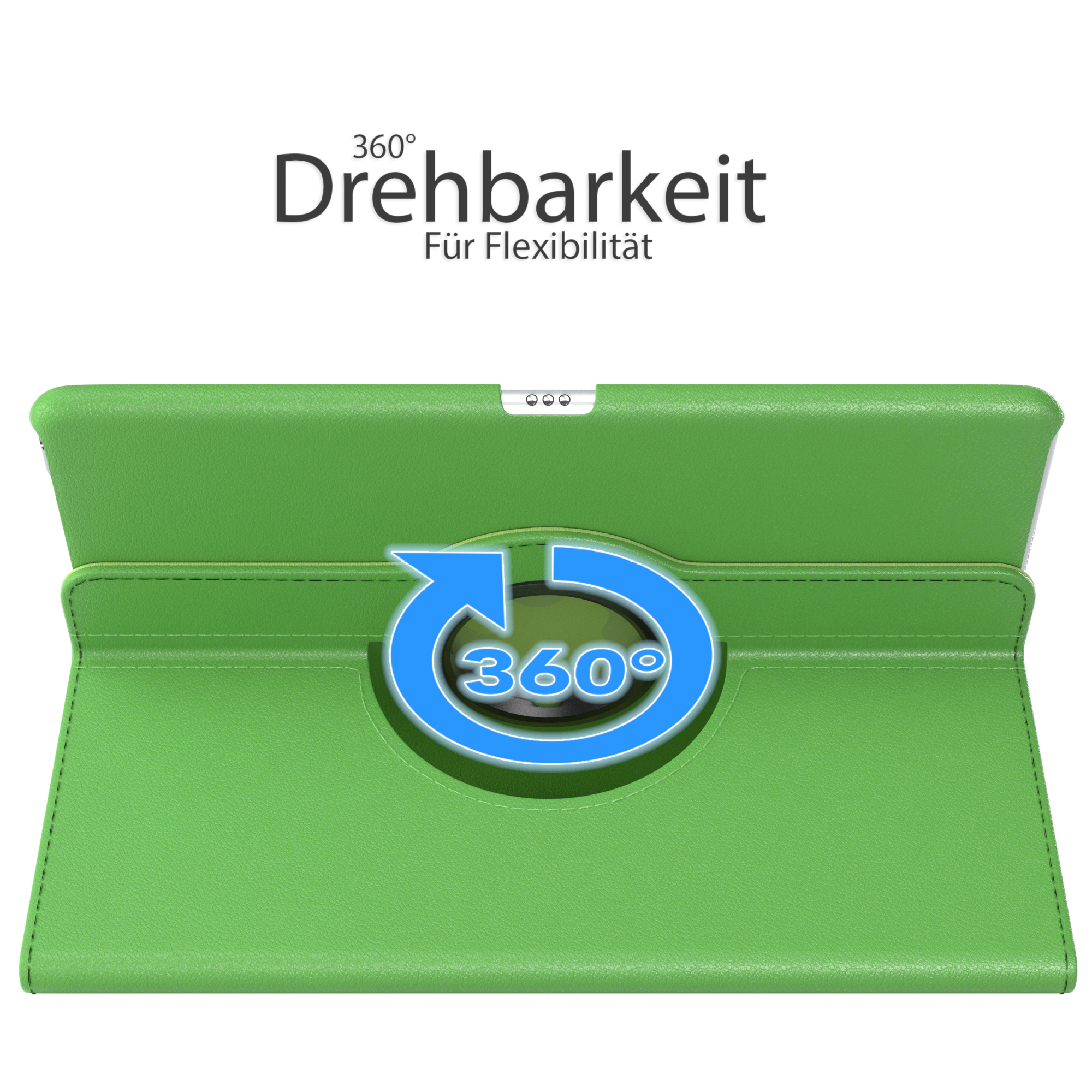 Grüne Tablet-Hülle mit 360-Grad-Rotationsanzeige. Der Hintergrund ist schlicht weiß.