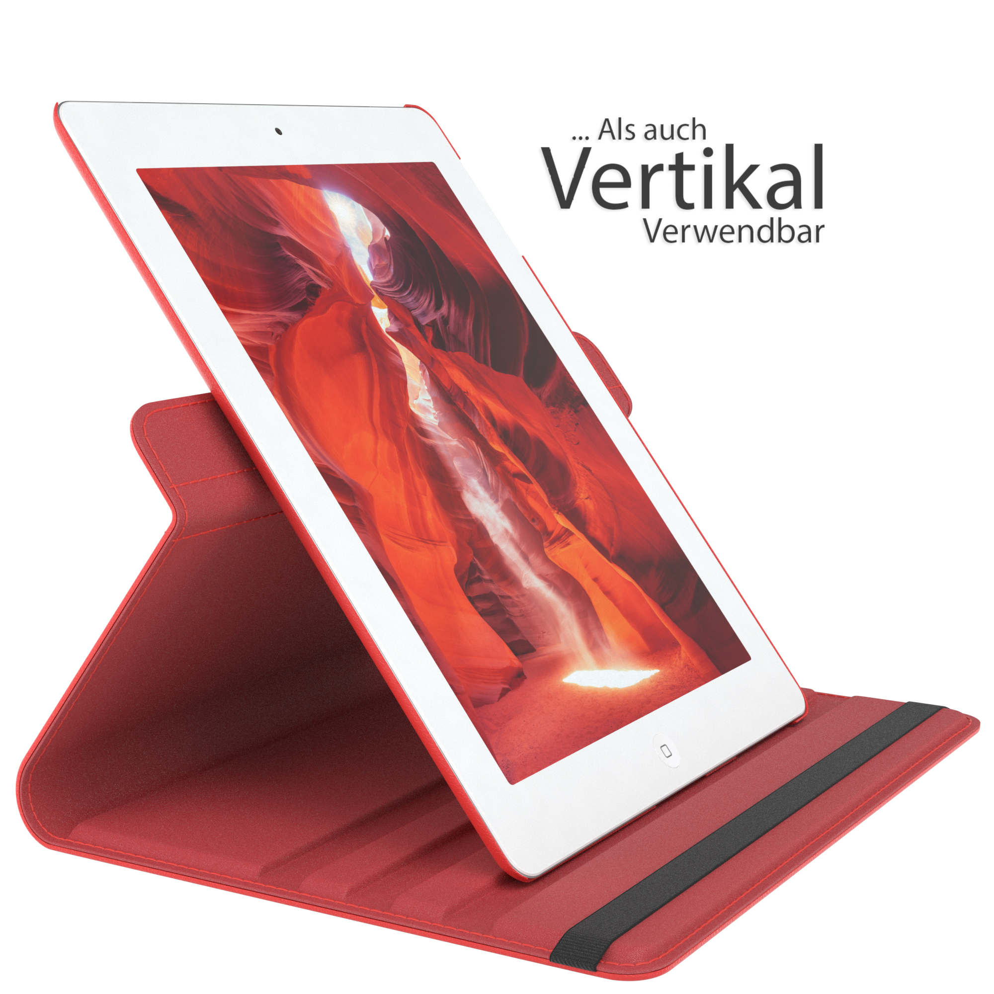 Ein rotes Tablet in einer roten Hülle, zum Betrachten aufgestellt. Die Hülle befindet sich auf weißem Hintergrund.
