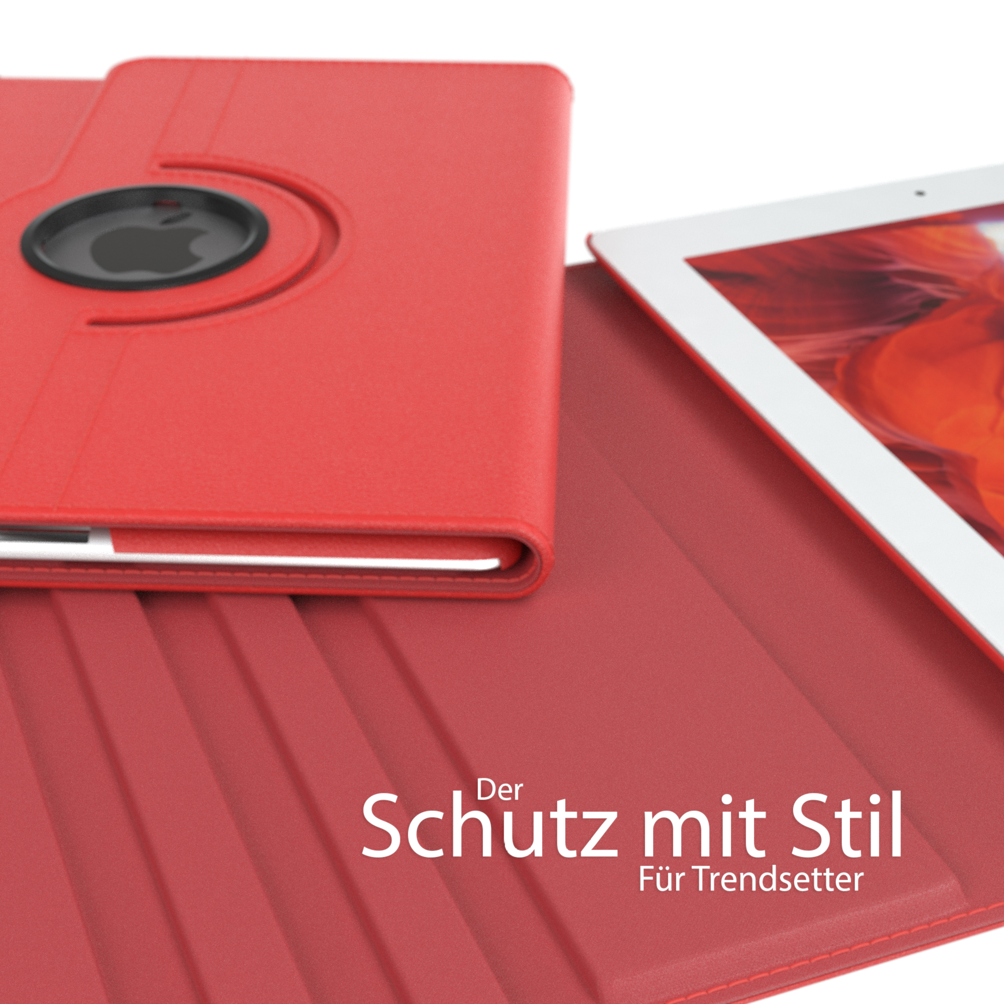 Rote Tablet-Hülle. Die Hülle ist geöffnet und zeigt ein schwarzes Apple-Logo.