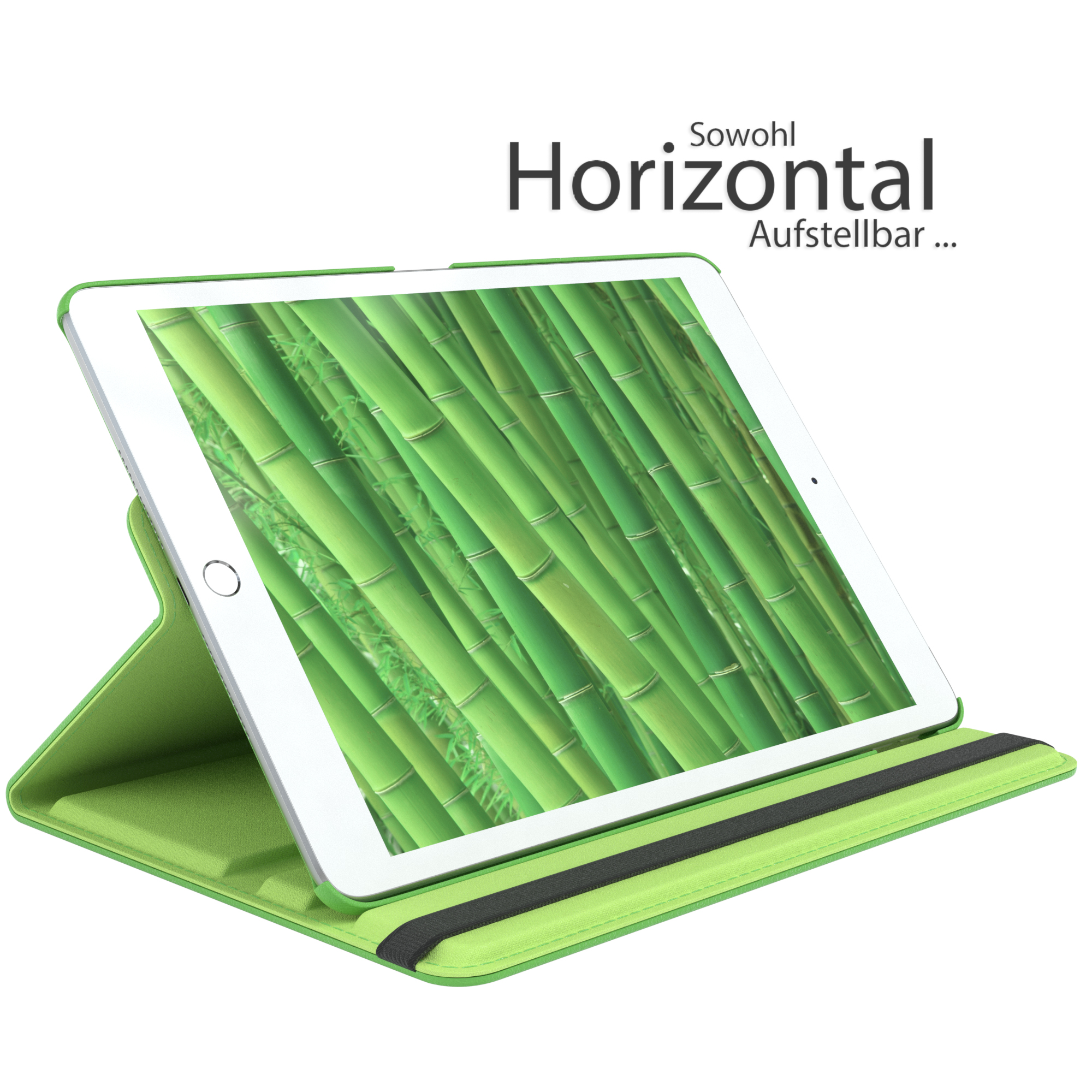 Grüne Tablet-Hülle mit Tablet, das Bambusstängel zeigt, geöffnet zum Aufstellen.