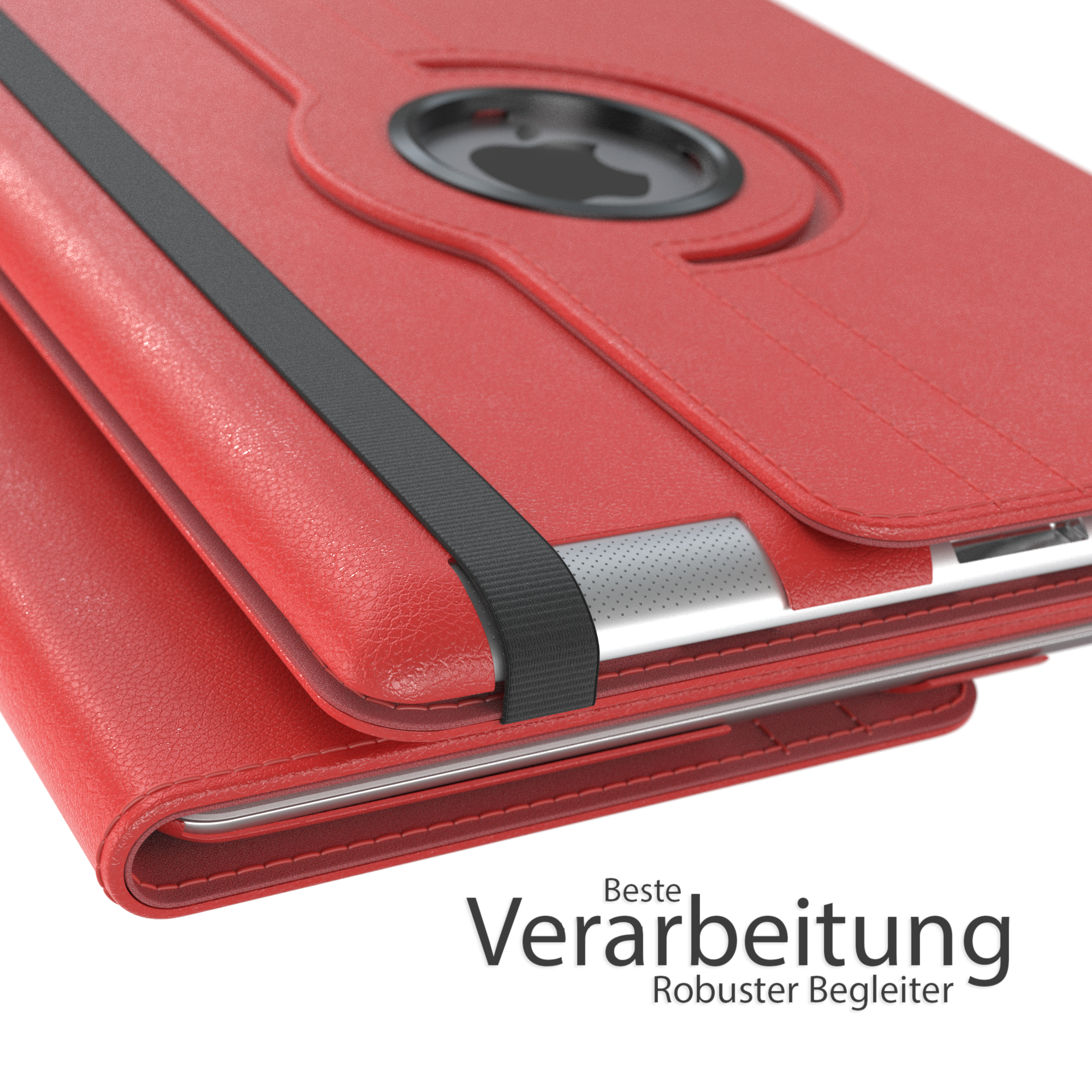 Rote Tablethülle mit schwarzem Riemen und Text auf weißem Hintergrund.