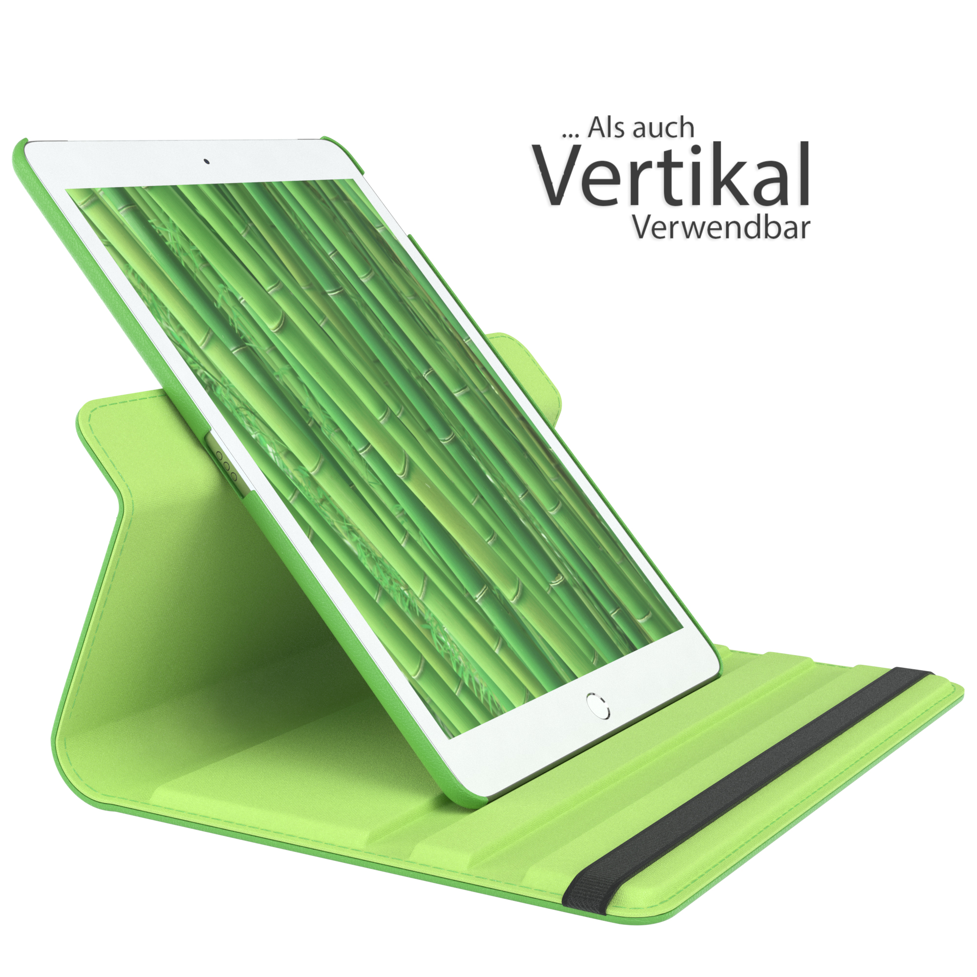 Tablet in einer grünen Hülle, aufgestellt. Der Bildschirm zeigt ein Bambuswald-Bild.