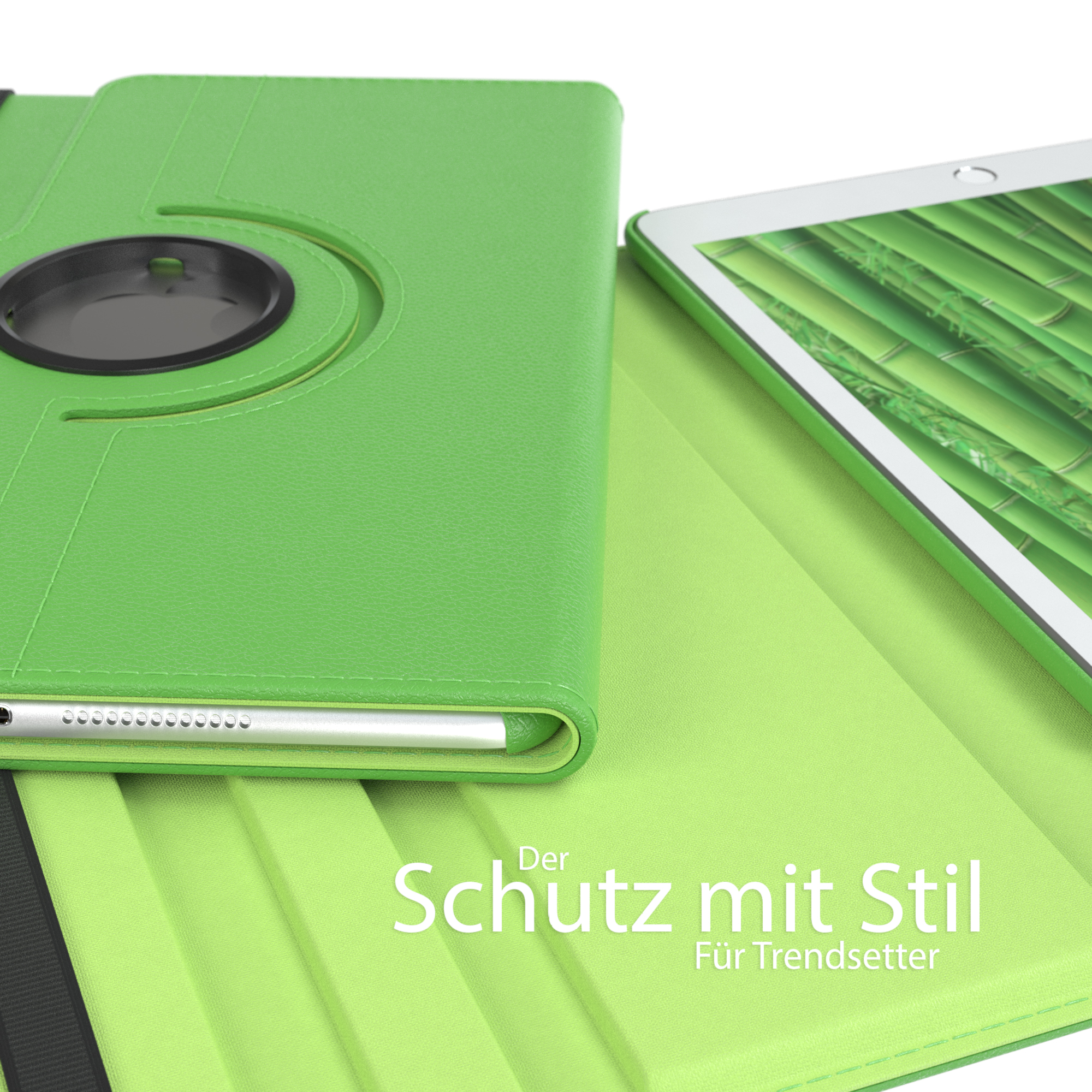 Eine grüne Tablethülle geöffnet, das Tablet zeigend. Text auf der Hülle: 'Der Schutz mit Stil'.