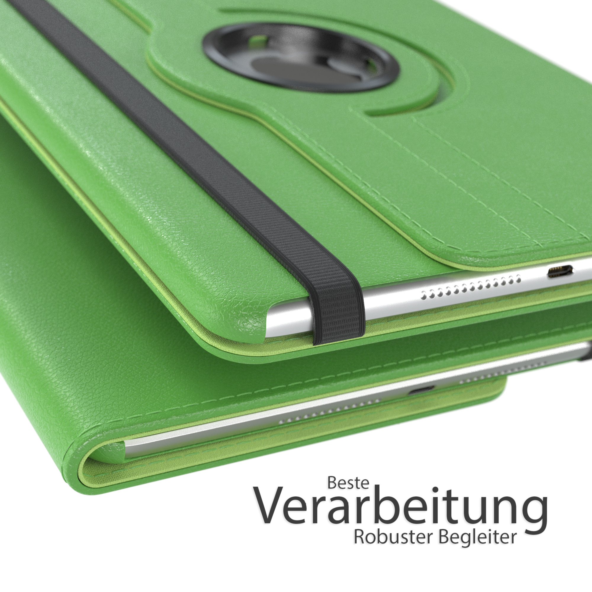 Eine grüne Tablet-Hülle mit schwarzem Riemen. Text auf Deutsch: 'Beste Verarbeitung, Robuster Begleiter'.