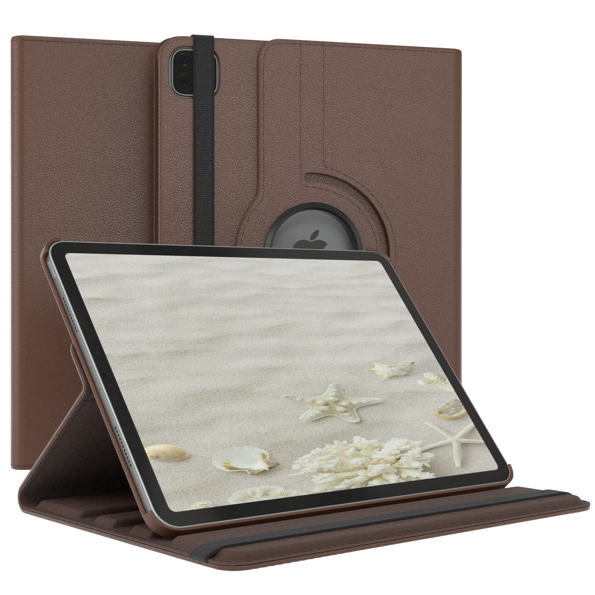 Braunes Tablet in einer Hülle auf einem Ständer. Der Bildschirm zeigt eine Strandszene mit Muscheln.