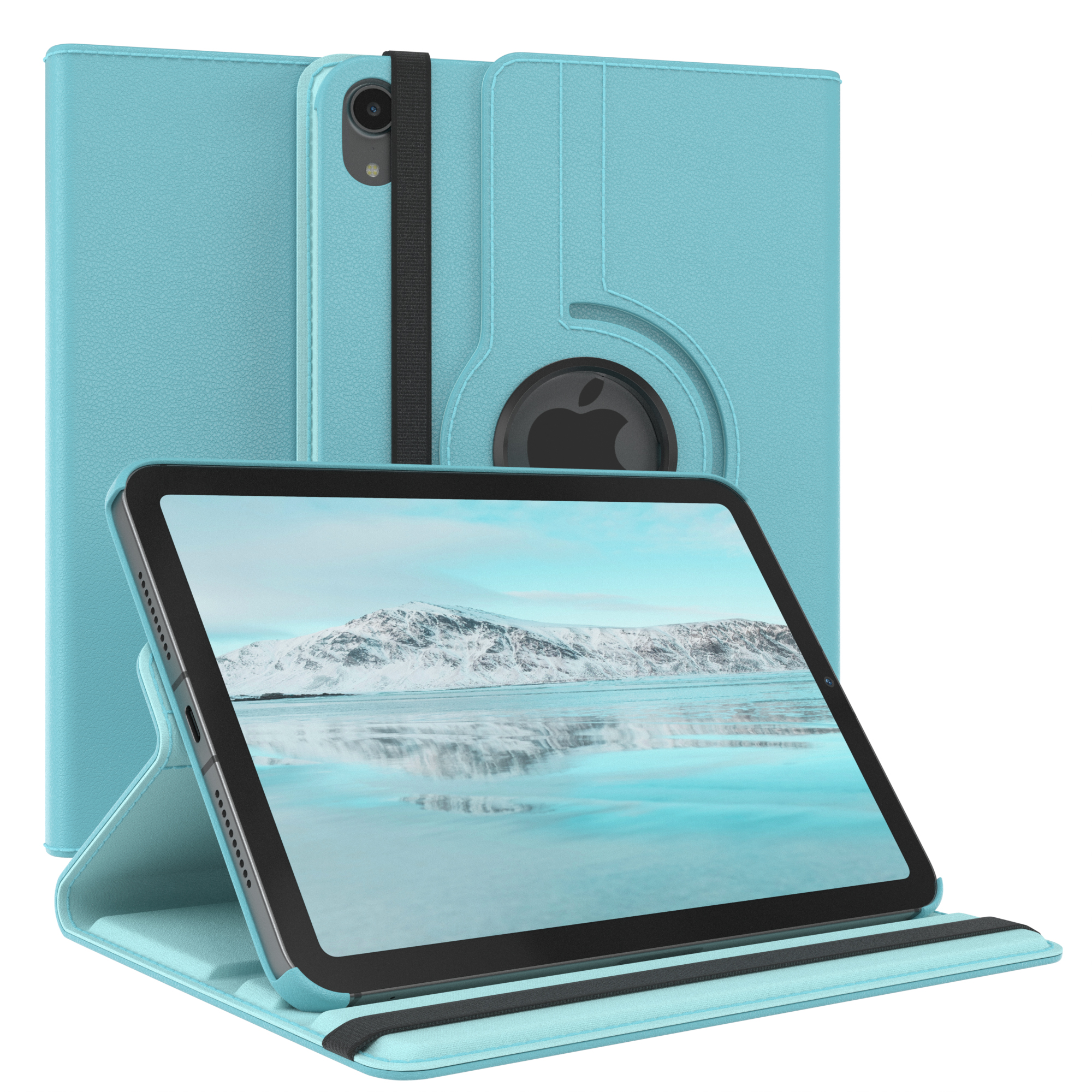 Eine hellblaue Tablethülle mit einem Tablet darin, das einen blauen Hintergrund zeigt.