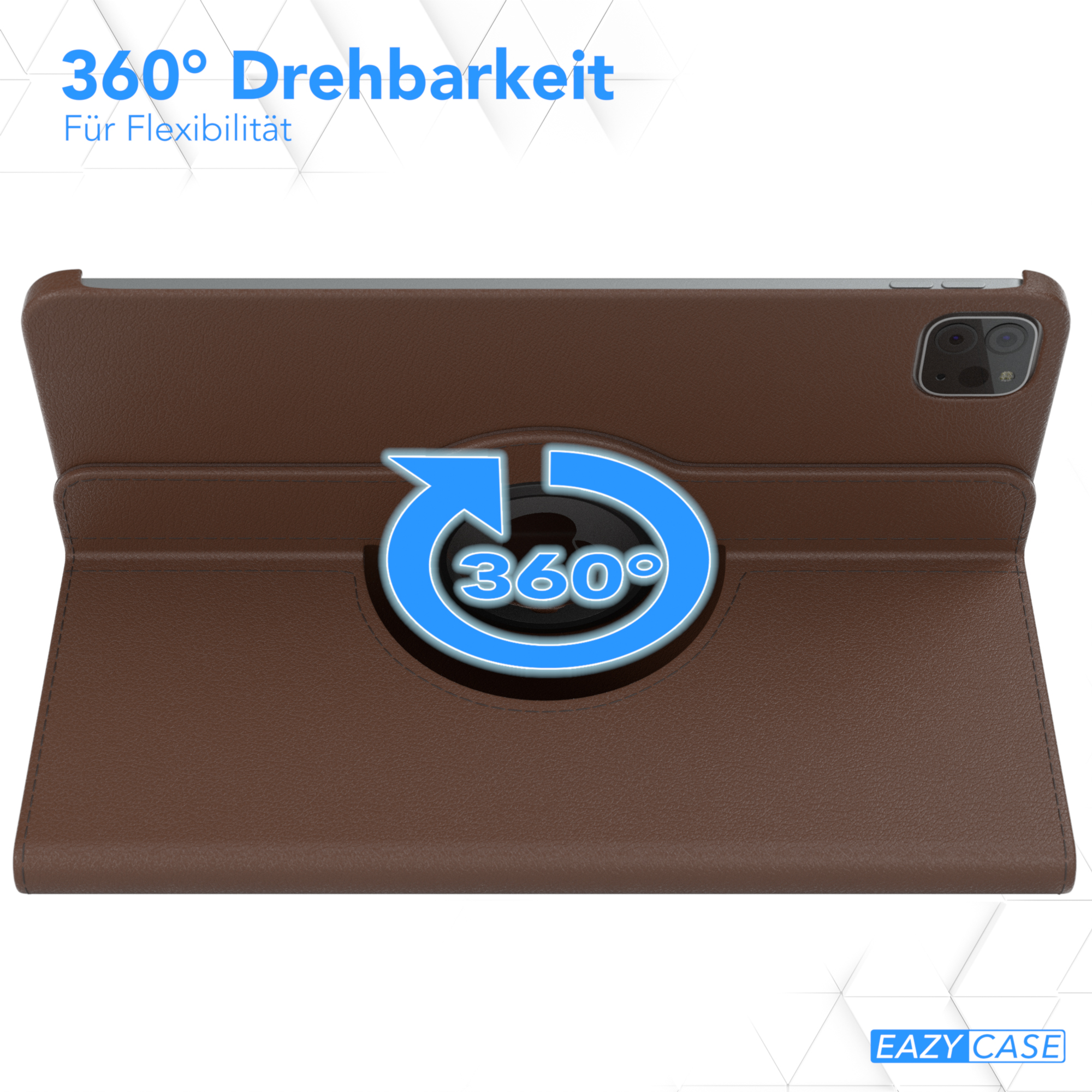 Braune Tablethülle mit 360-Grad-Drehung. Die Hülle ist braun und der Pfeil zeigt die Drehung.