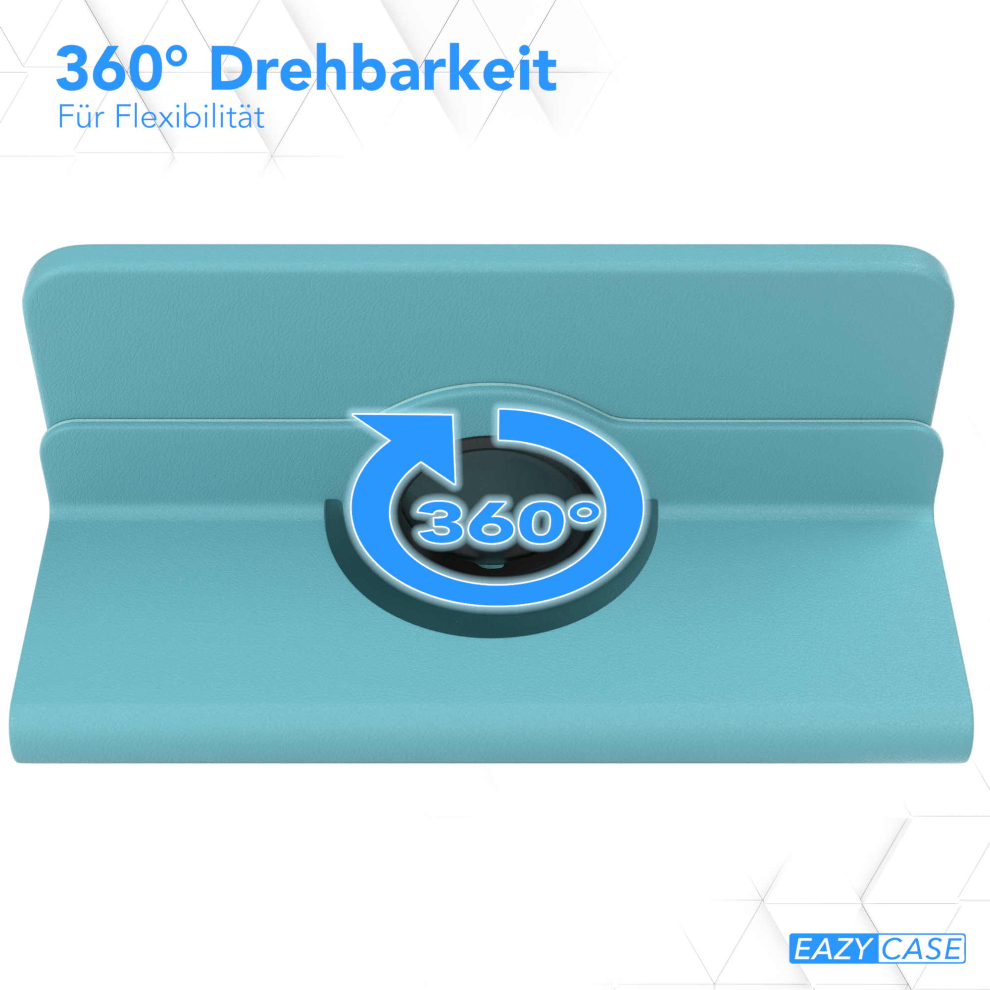 Türkisfarbene Tablethülle mit drehbarem Scharnier. Rückseite mit 360-Grad-Pfeil.