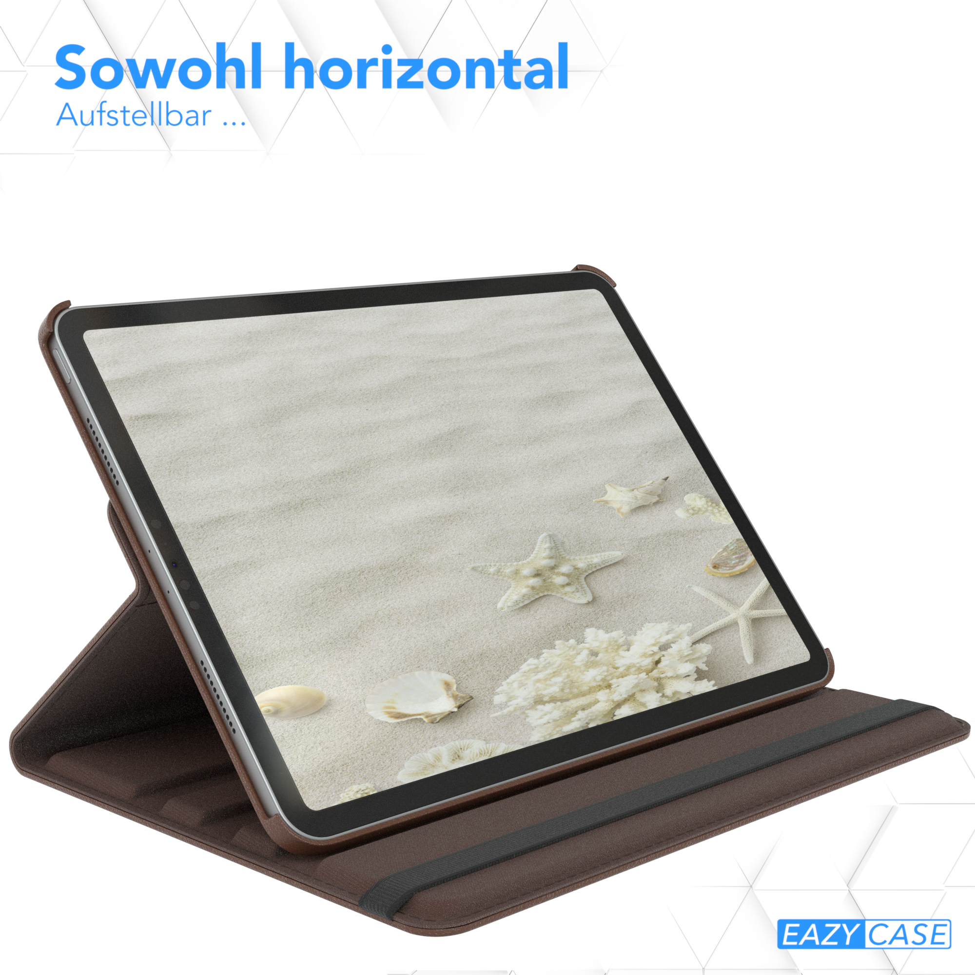 Braune Tablet-Hülle. Das Tablet ist geöffnet und zeigt eine Strandszene mit Muscheln.