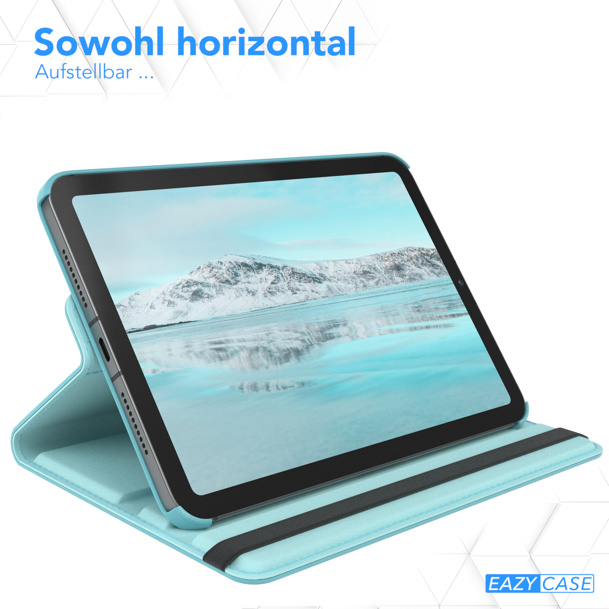 Ein Tablet in einer hellblauen Hülle, das auf einer Oberfläche aufgestellt ist.