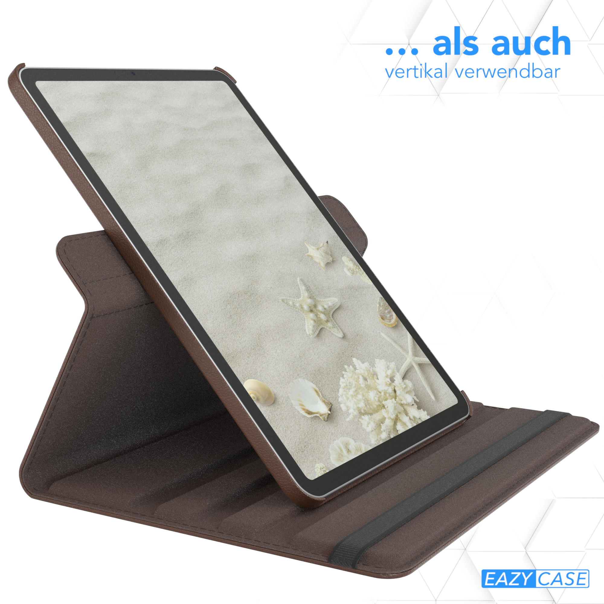 Tablet in braunem Case, aufgestellt. Bildschirm zeigt Strandszene. Braunes Case mit schwarzem Band. Weißer Grund.