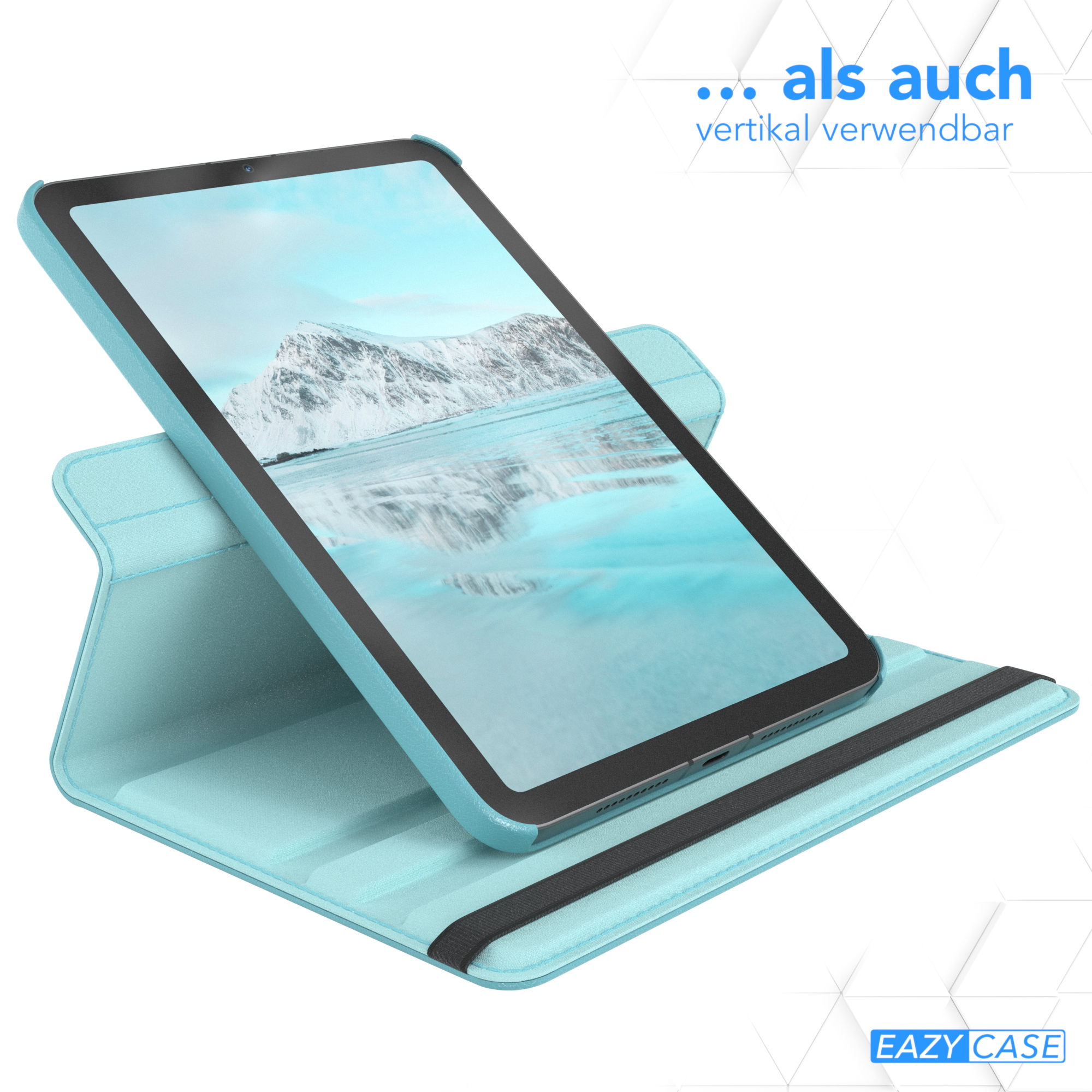 Tablet in einem hellblauen Gehäuse, auf einer weißen Oberfläche aufgeklappt.