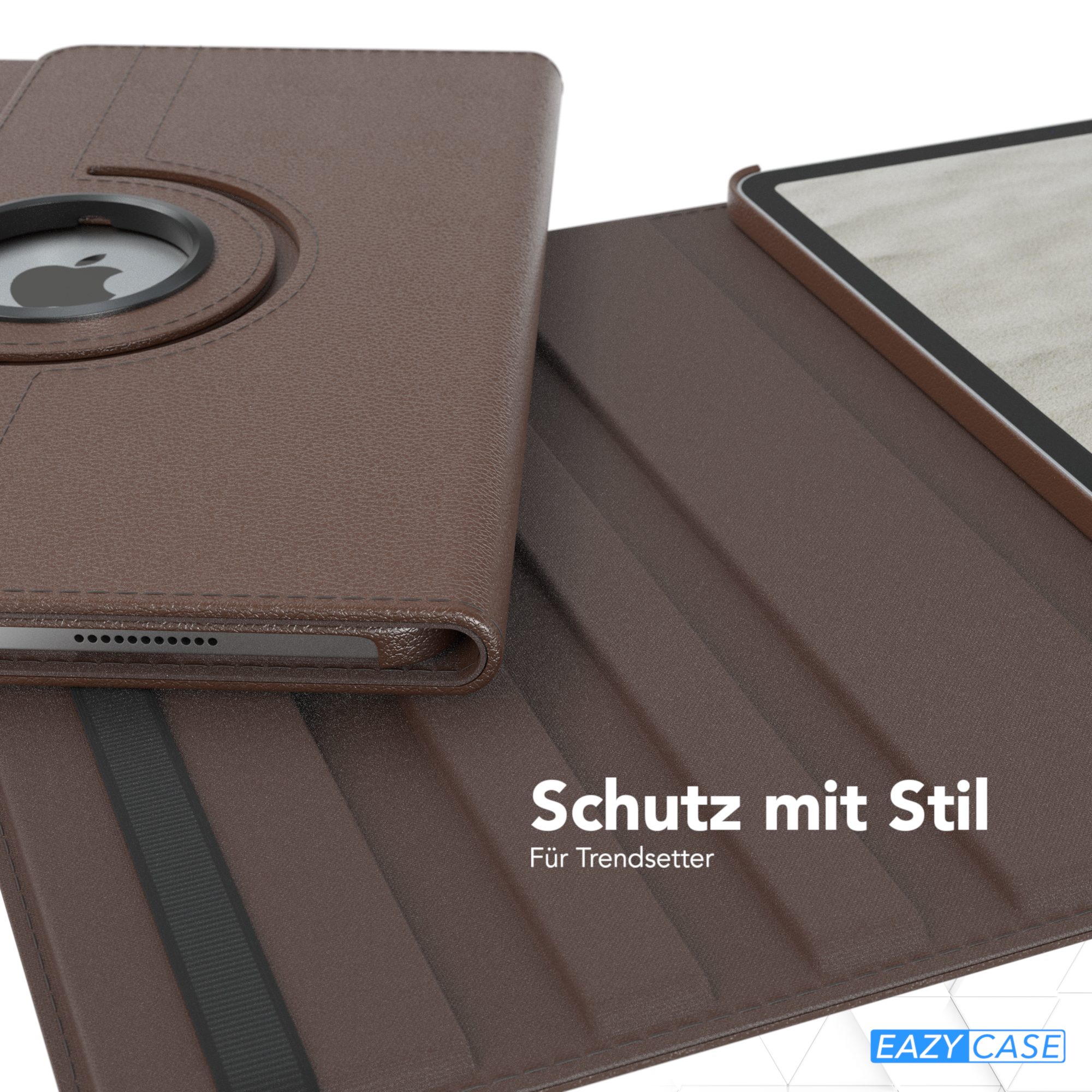 Eine braune Tablet-Hülle. Die Hülle ist geöffnet und zeigt ein Tablet im Inneren mit drehbarem Deckel.