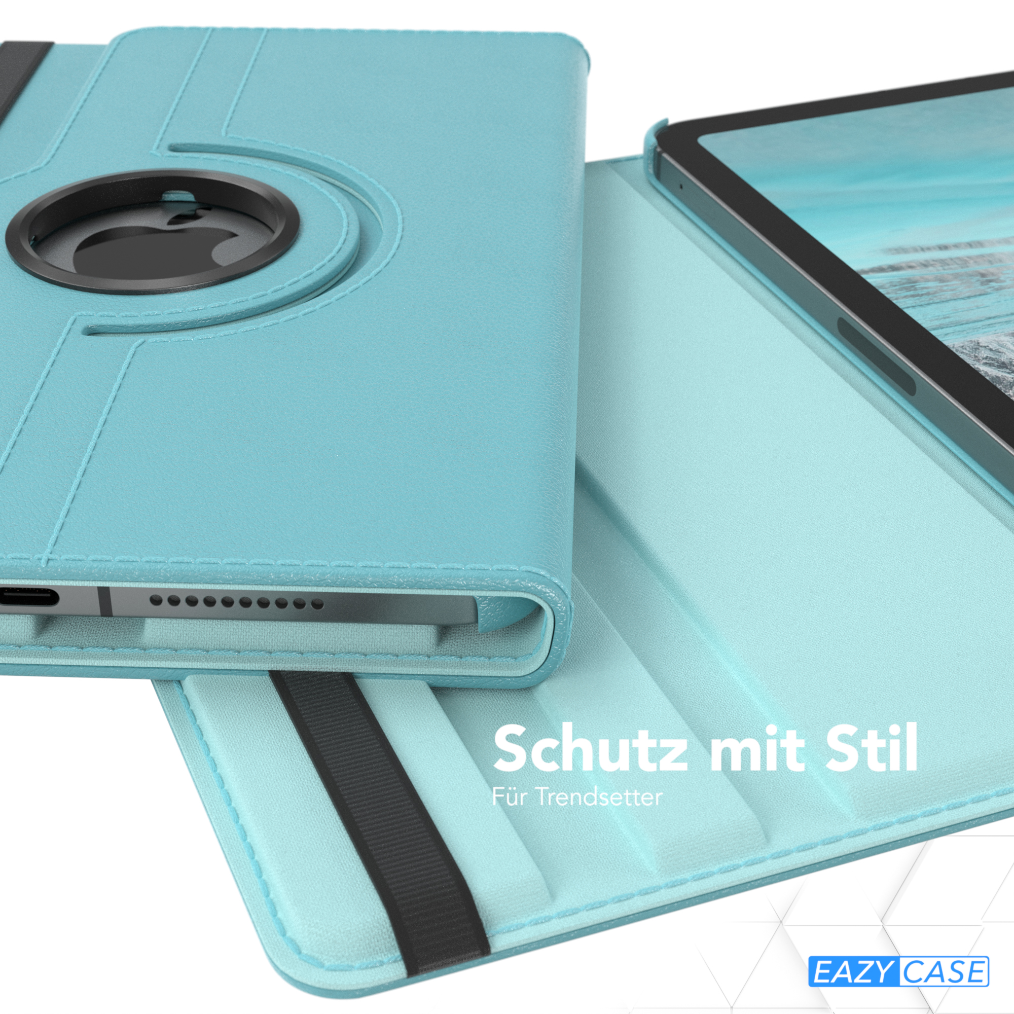 Ein türkisfarbenes Tablet in einer türkisfarbenen Hülle mit drehbarem Ständer. Text auf der Hülle: Schutz mit Stil, EAZY CASE.