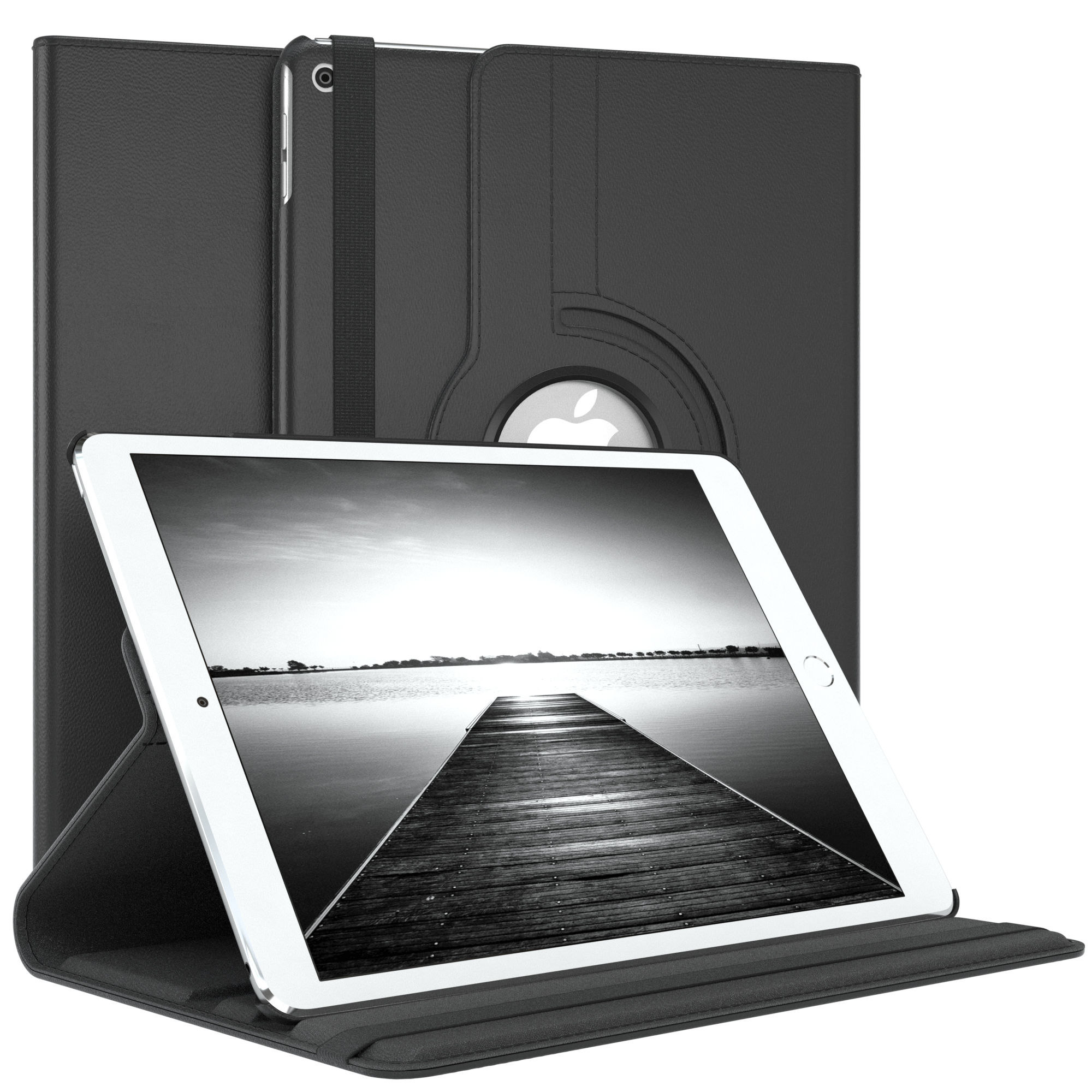 Schwarzes iPad-Case mit Tablet. Das iPad zeigt ein Graustufenbild.
