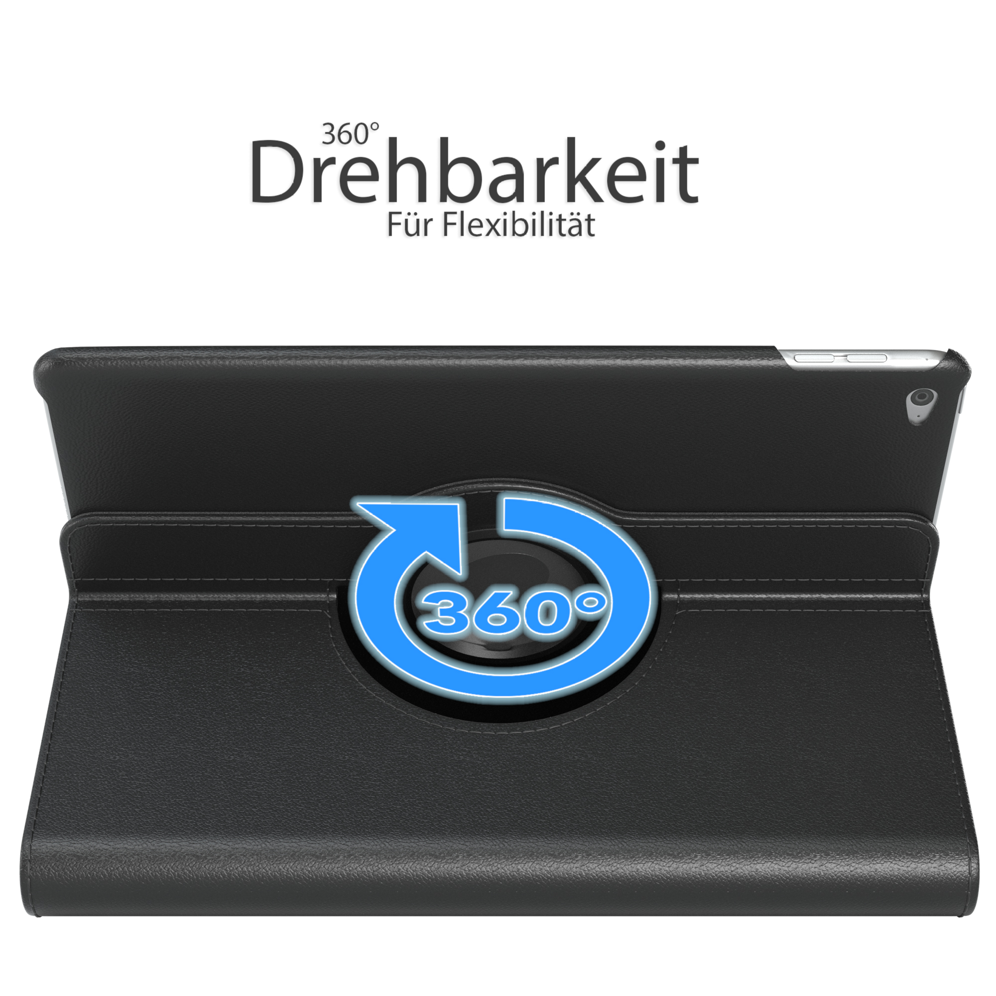 Schwarzes Tablet in einer Hülle, zeigt eine 360-Grad-Rotationsgrafik.