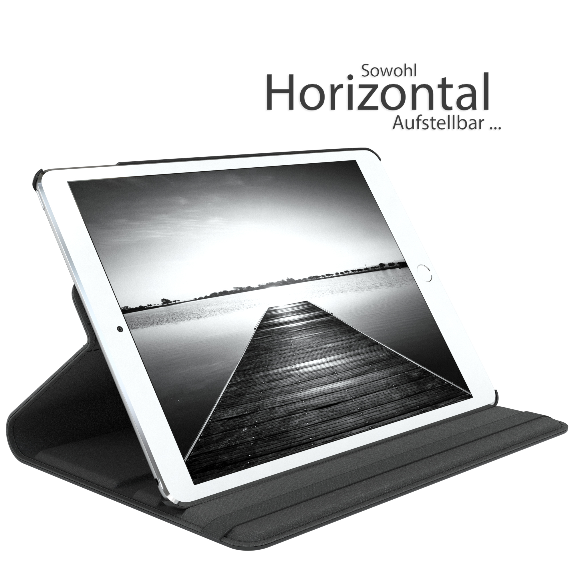 Tablet in schwarzem Gehäuse, das eine Schwarz-Weiß-Stegszene zeigt, vor weißem Hintergrund.