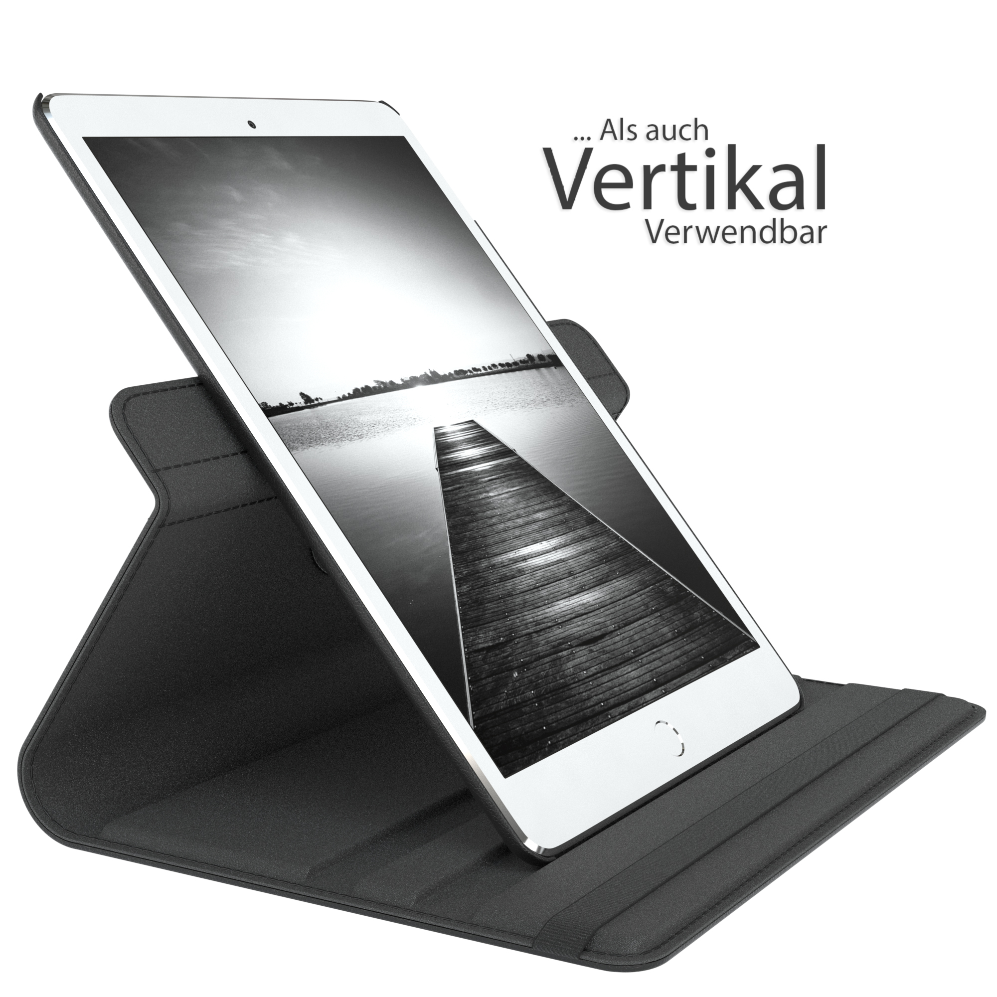 Tablet in schwarzem Gehäuse, vertikal auf schwarzem Ständer.