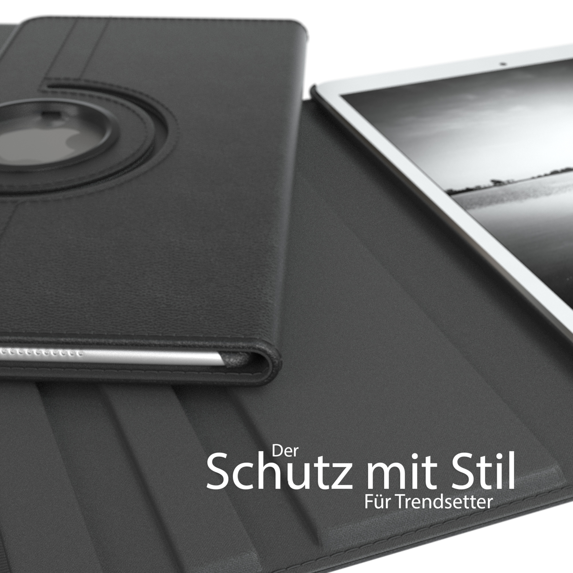 Nahaufnahme einer schwarzen Tablethülle. Das Tablet ist schwarz, mit einem drehbaren Kamerahalter.