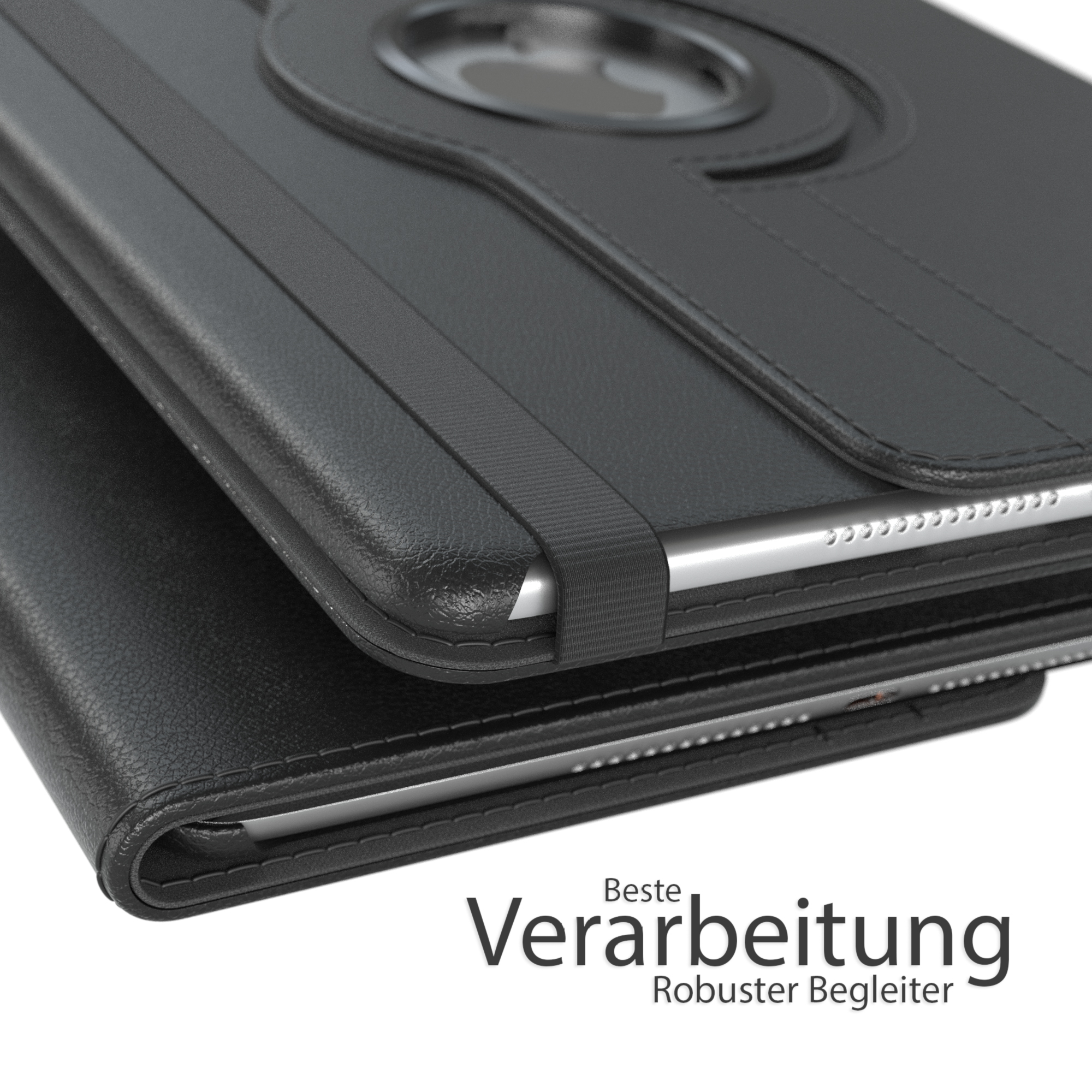 Eine schwarze Tablet-Hülle. Der Text 'Beste Verarbeitung' ist geschrieben. Die Hülle hat einen Riemen.