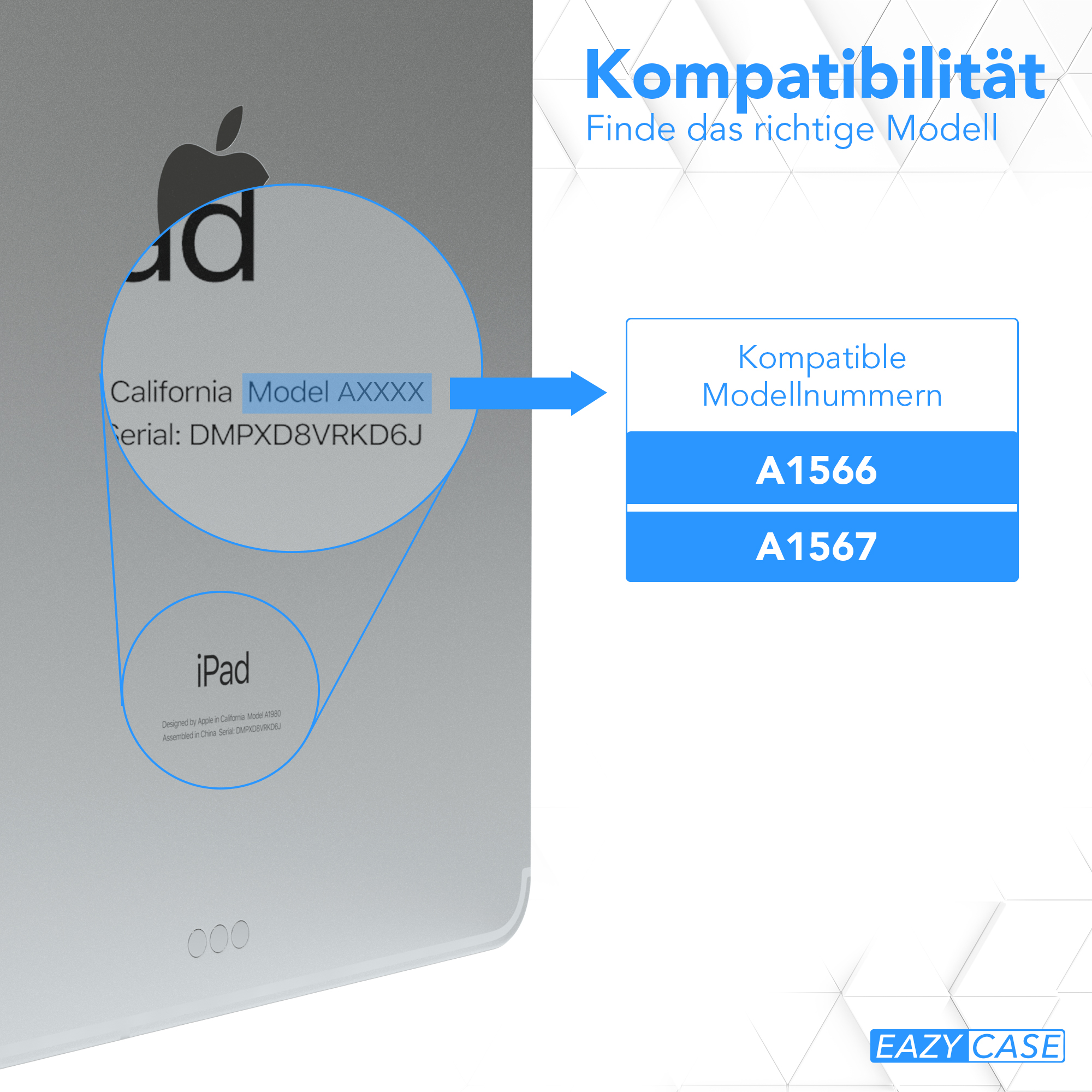 iPad-Rückseite mit Logo und Modellinfo. Ein blauer Pfeil zeigt auf kompatible Modellnummern: A1566, A1567.