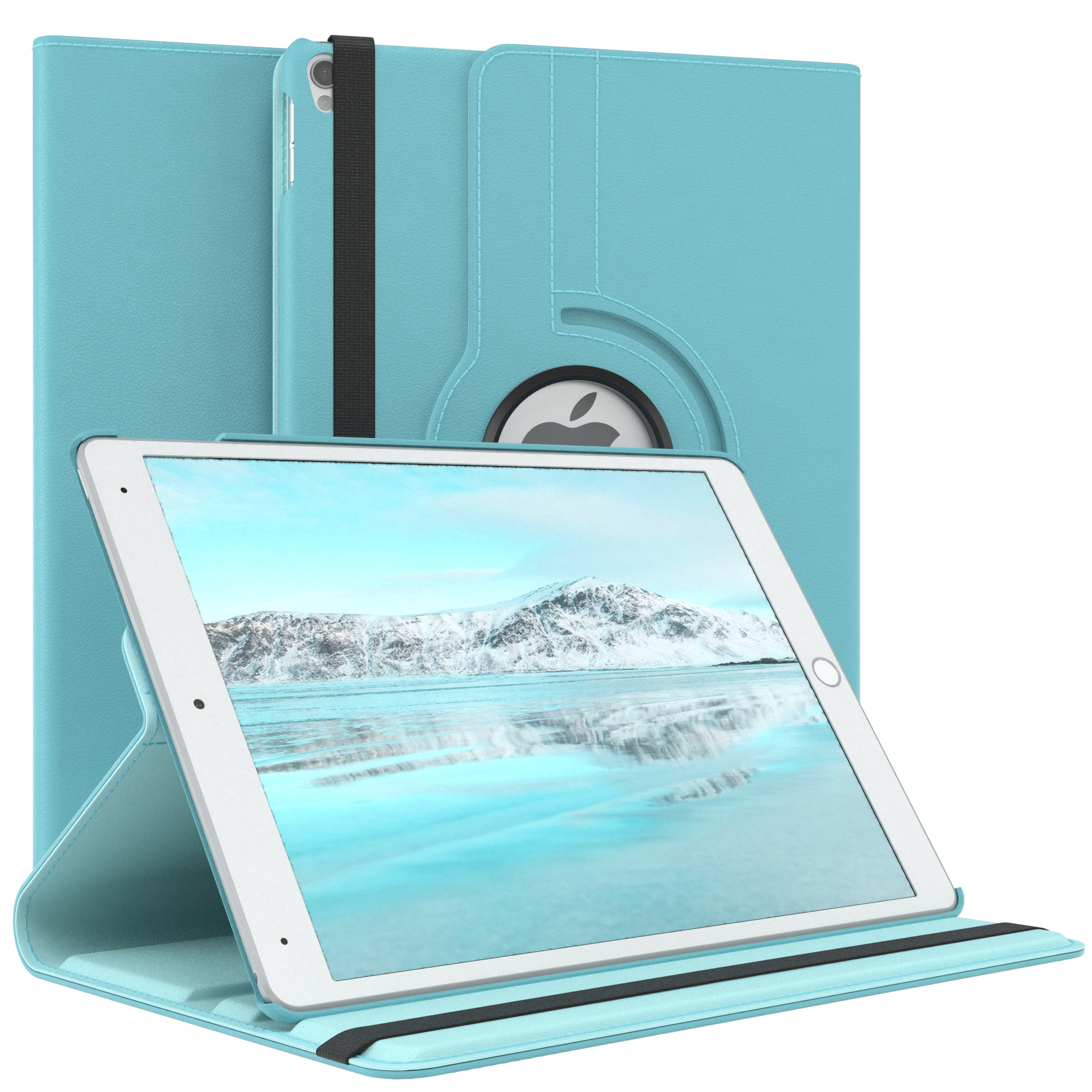Blaues Tablet in blauem Gehäuse mit Displayschutzfolie. Weißer Hintergrund.