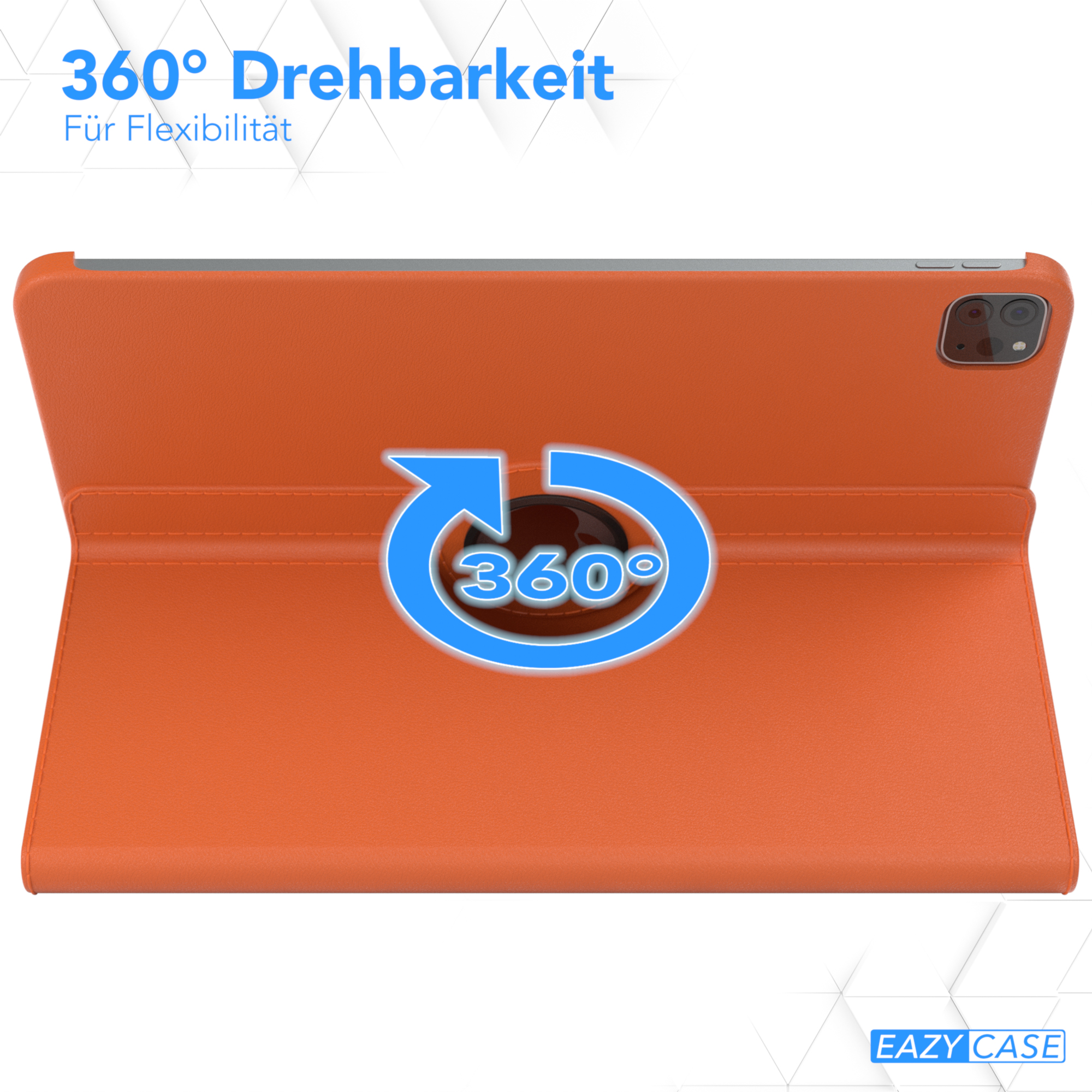 Orangene Tablethülle mit 360°-Drehfunktion, mit blauem Pfeilsymbol und EAZY CASE Logo.