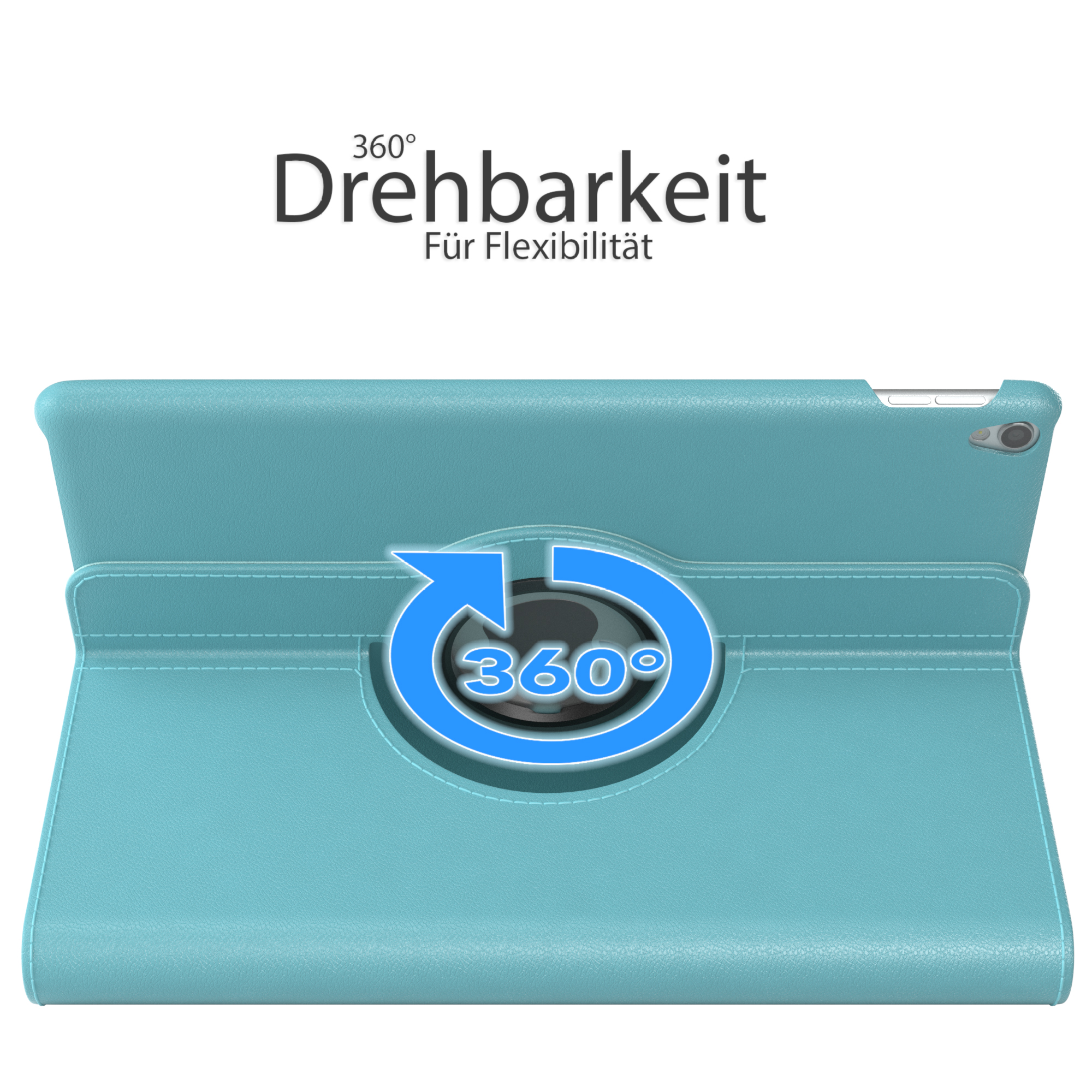 Eine blaue Tablet-Hülle mit 360-Grad-Drehfunktion. Die Hülle befindet sich auf einer weißen Oberfläche.