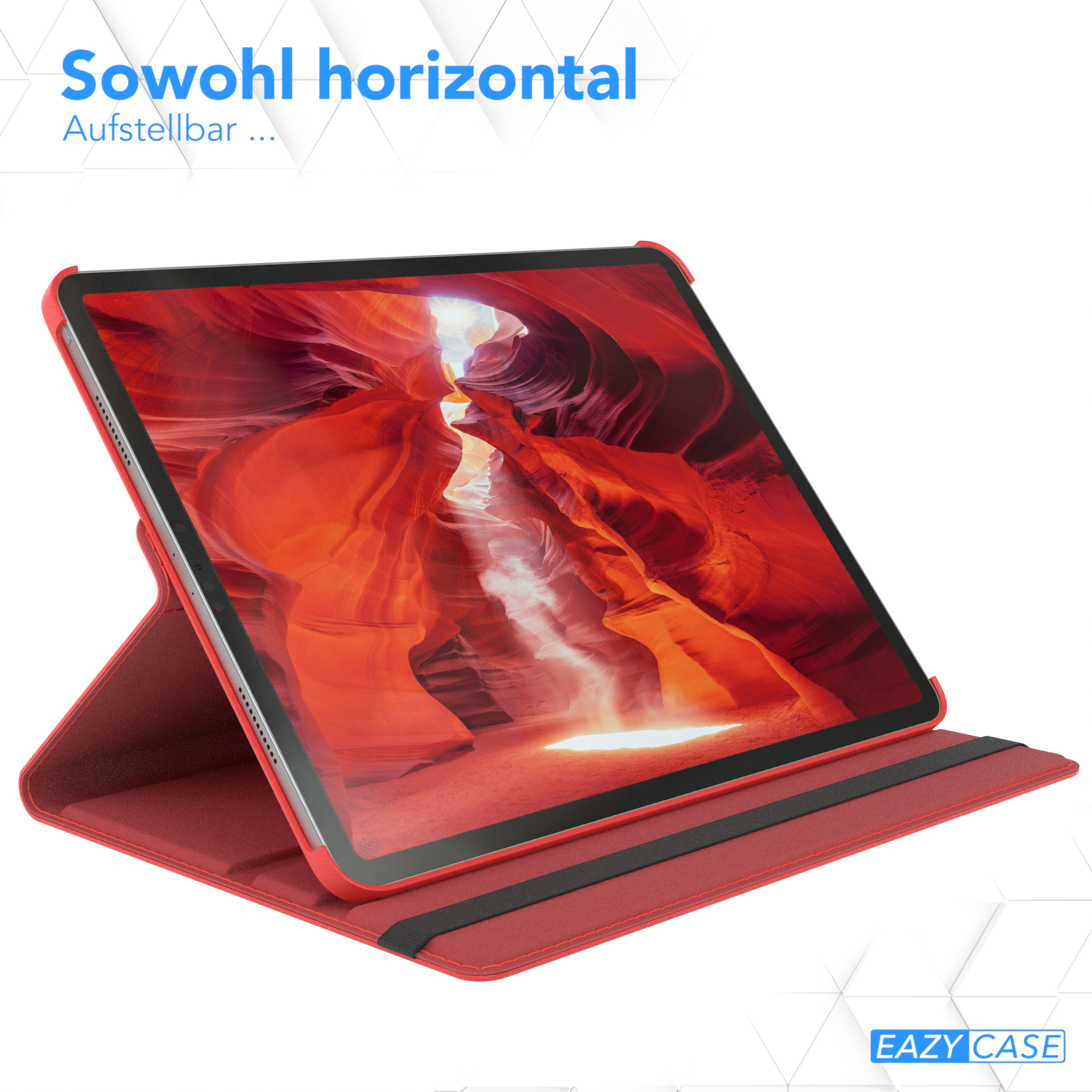 Tablet mit roter Hülle, geöffnet zur Anzeige einer Schluchtanischt.