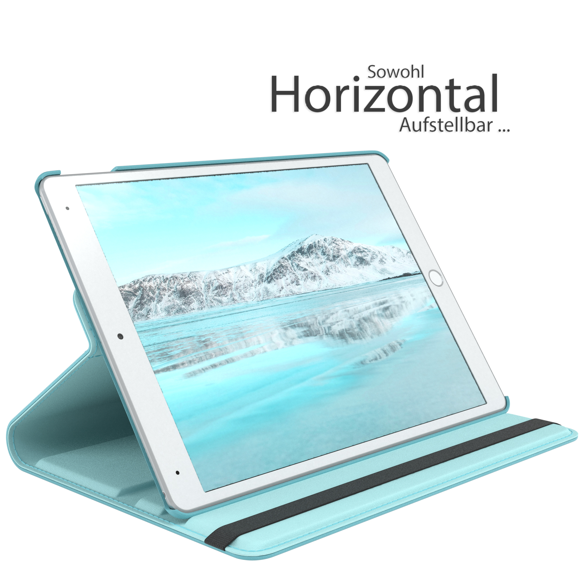 Eine hellblaue Tablethülle mit einem Tablet darin. Das Tablet zeigt eine Winterszene.