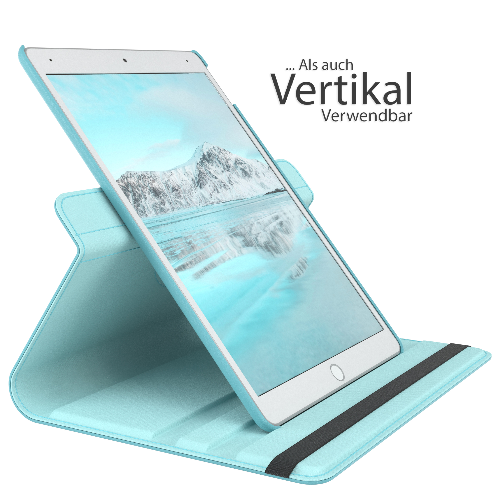 Ein hellblaues Tablet in einer hellblauen Hülle. Die Hülle ist in einem Ständer aufgestellt.