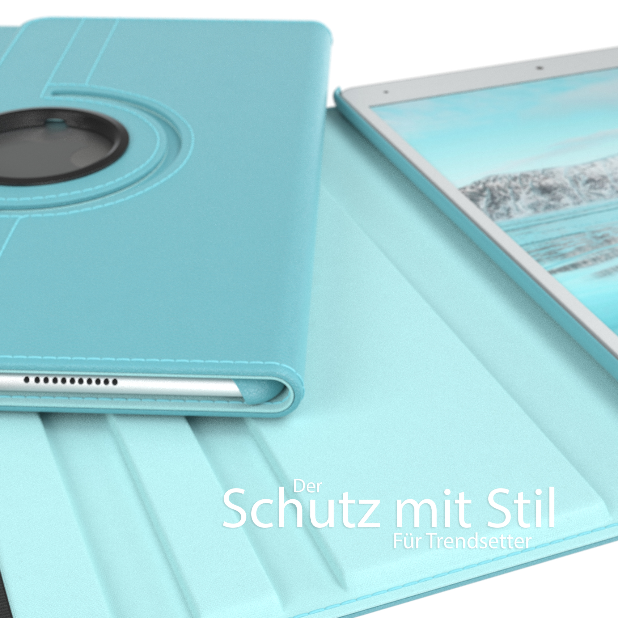 Blaue Tablet-Hülle mit türkisfarbenem Innenraum.