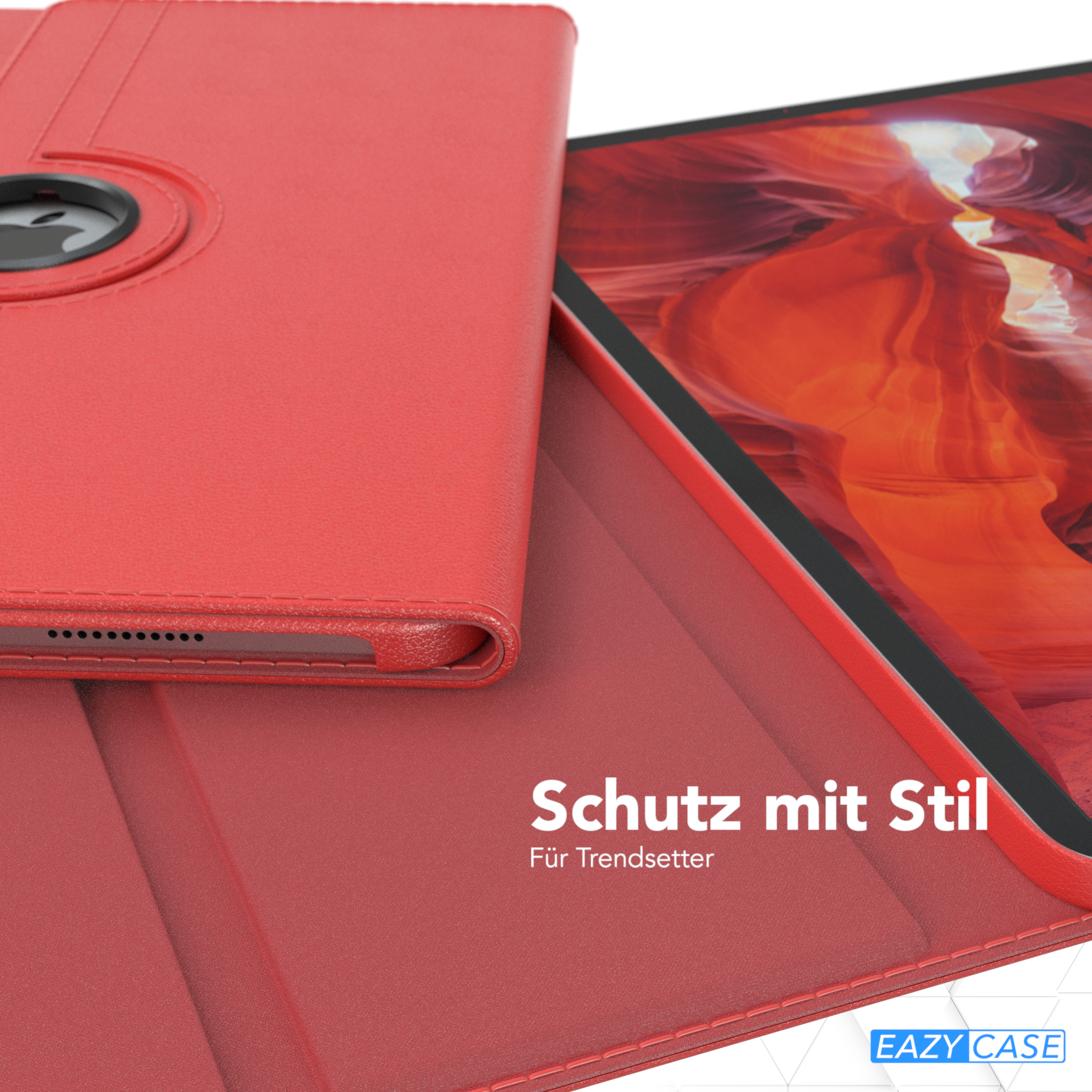 Rote Tablet-Hülle mit Tablet. Der Hintergrund ist eine Nahaufnahme eines Tisches mit weißem Logo.