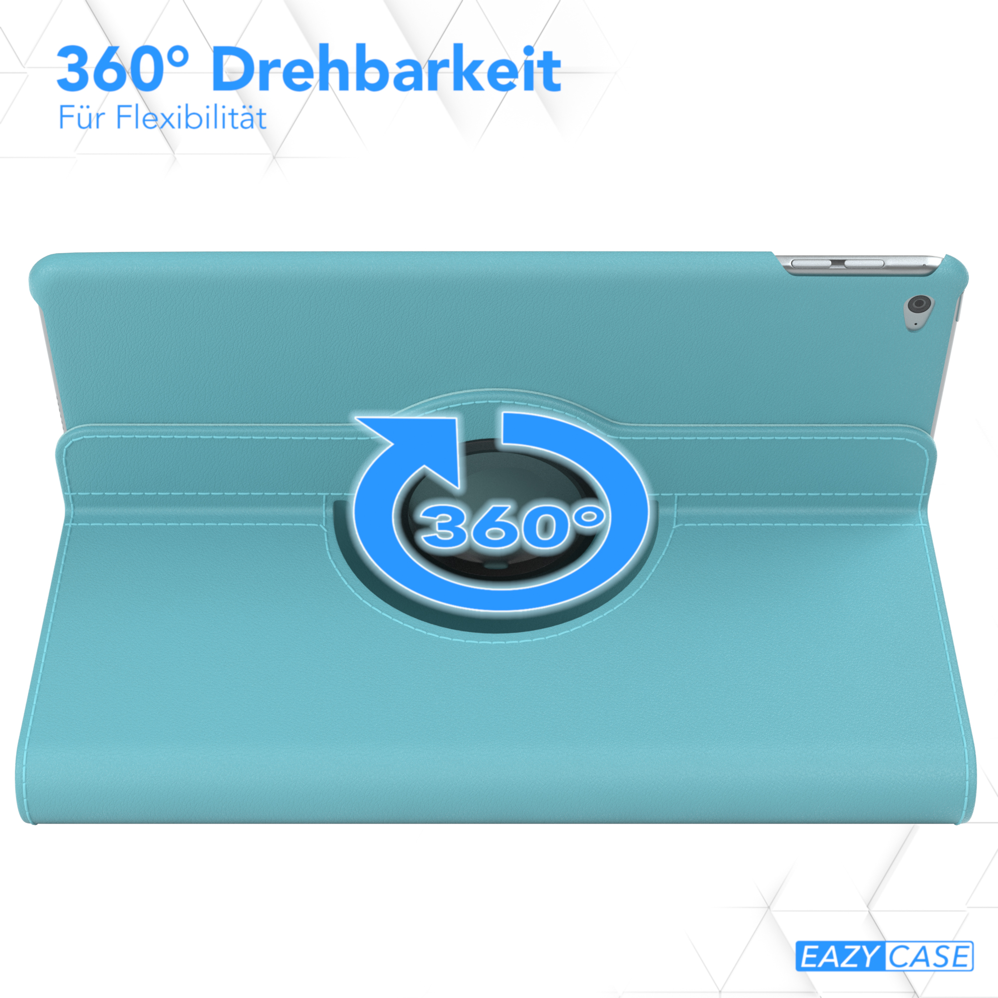 Tablet-Hülle mit Drehdesign. Blaue Tablet-Hülle mit Drehmechanismus. Blauer Hintergrund.