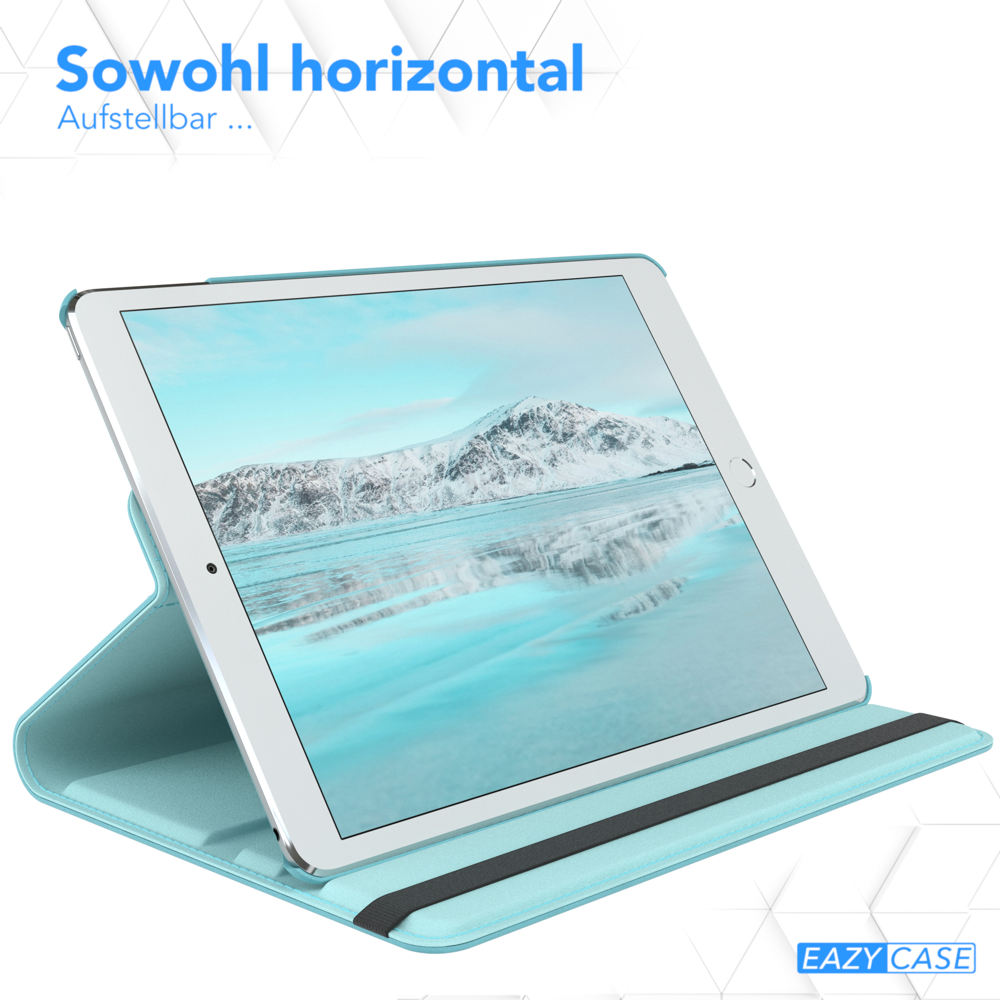 Tablet in einer Hülle, horizontal liegend. Die Hülle ist hellblau. Oben steht: Sowohl horizontal.