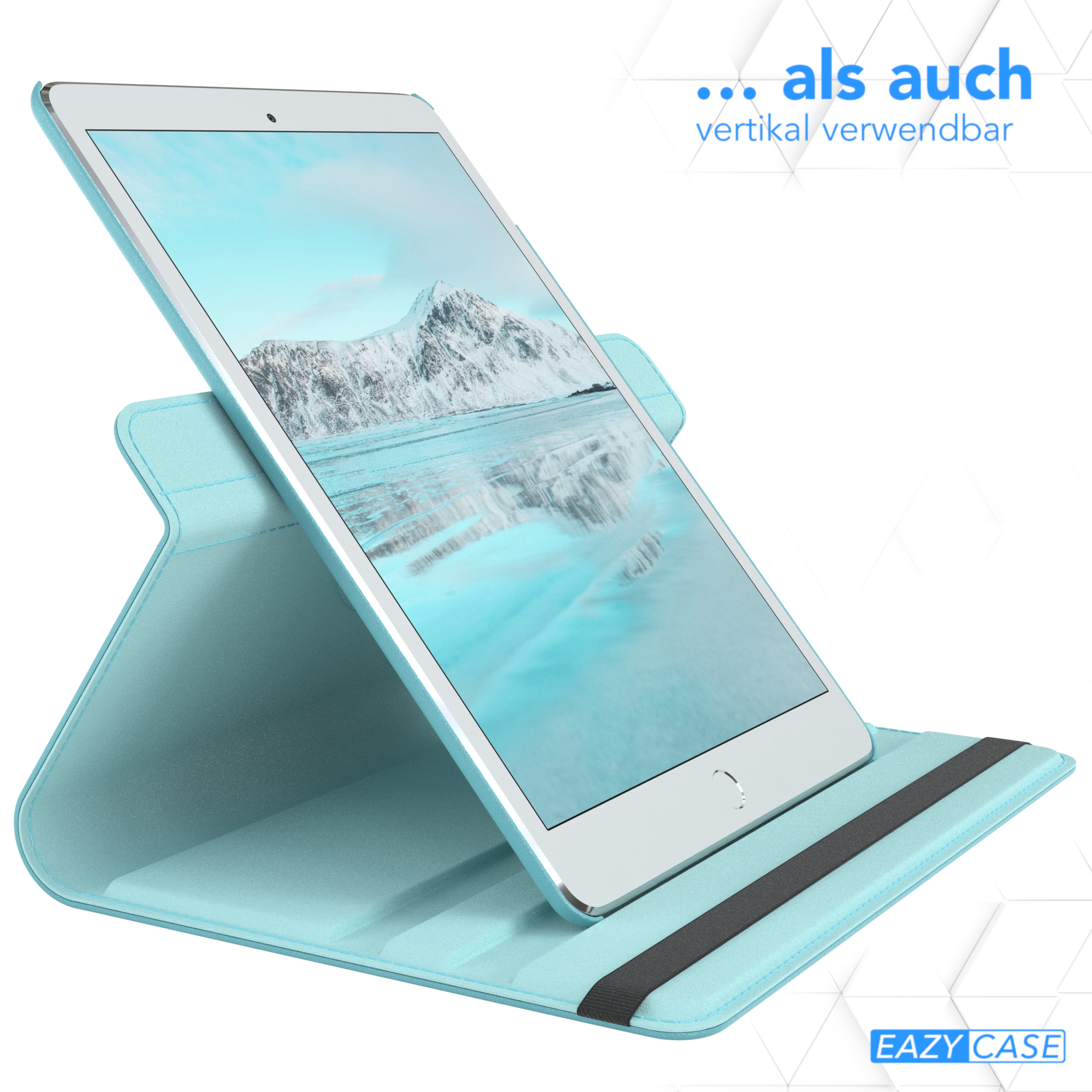 Tablet in hellblauem Gehäuse, auf einem Ständer. Tablet im Hochformat auf dem Ständer.