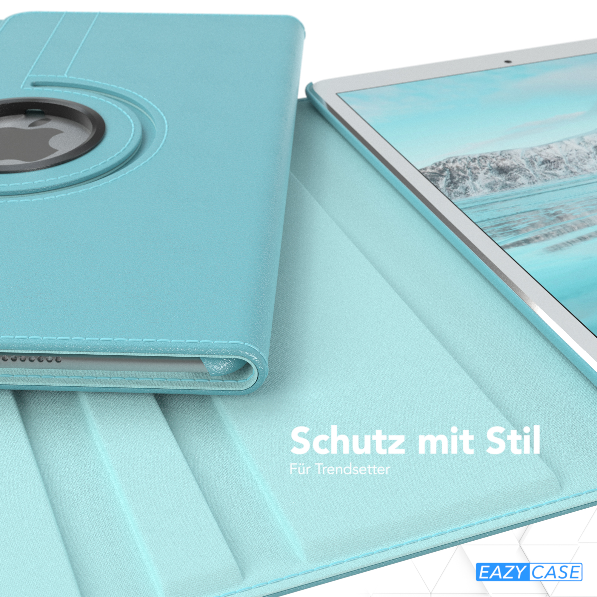 Hellblaue Tablethülle mit Tablet. Text: Schutz mit Stil. Logo: EAZY CASE.