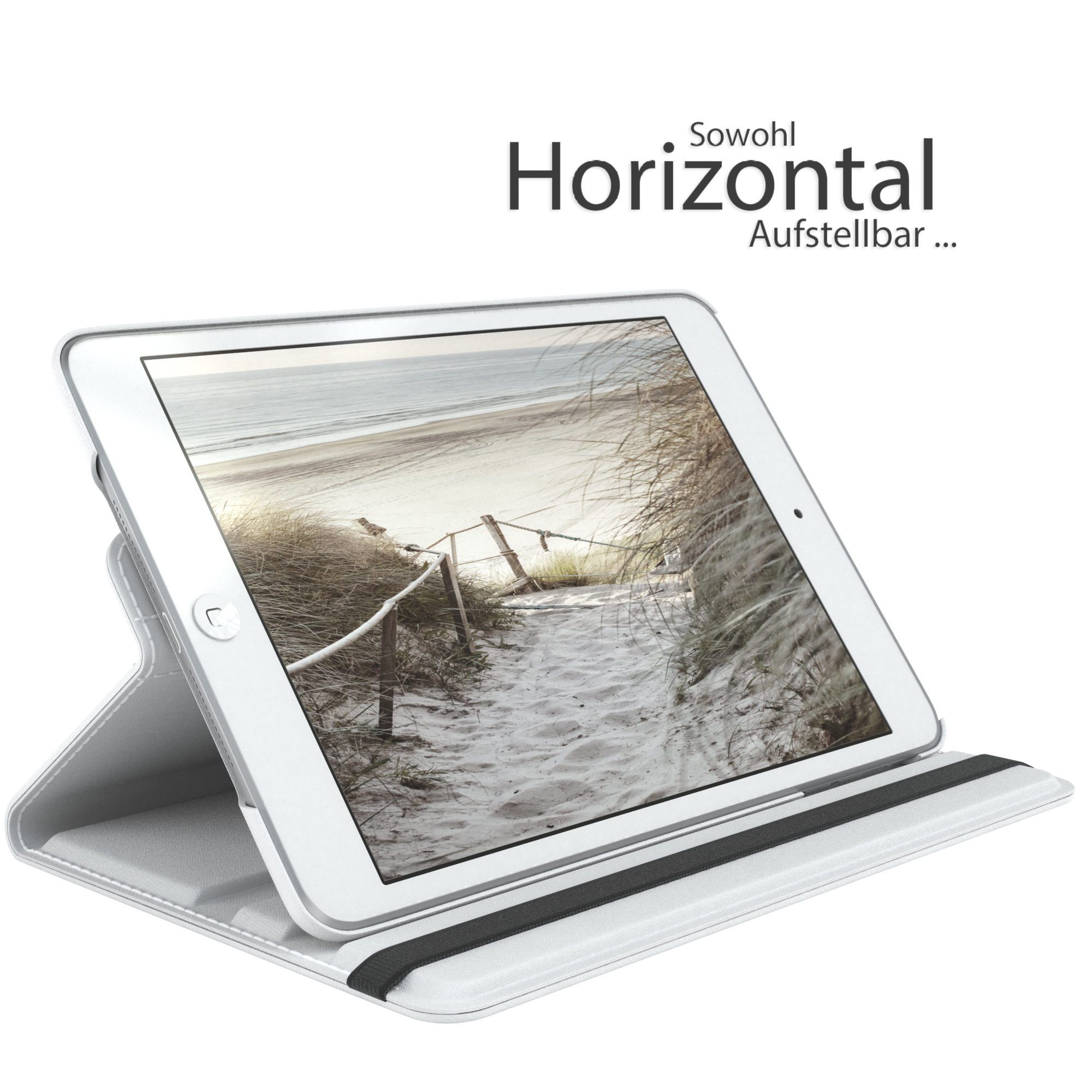 Weißes Tablet in weißer Hülle auf einem Ständer, zeigt eine Strandszene mit Text: Horizontal.