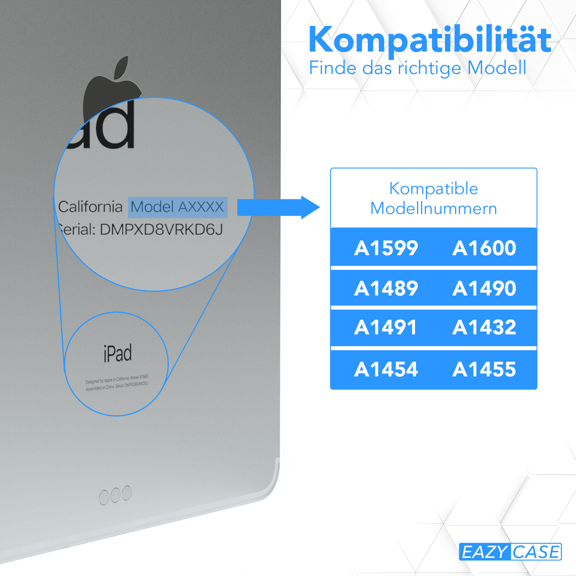 iPad-Modellinformationen. Nahaufnahme eines iPads mit Modellnummer und Seriennummer.