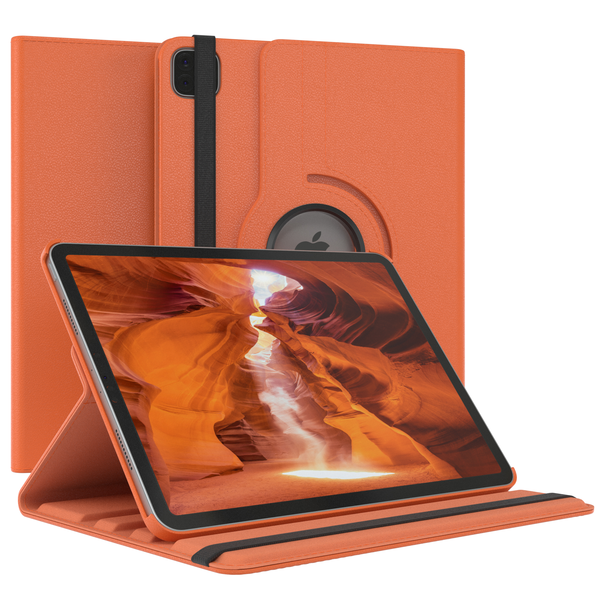 Orangefarbenes Tablet in einer Hülle. Das Tablet zeigt eine Schluchtszene. Die Hülle ist aufgeklappt.