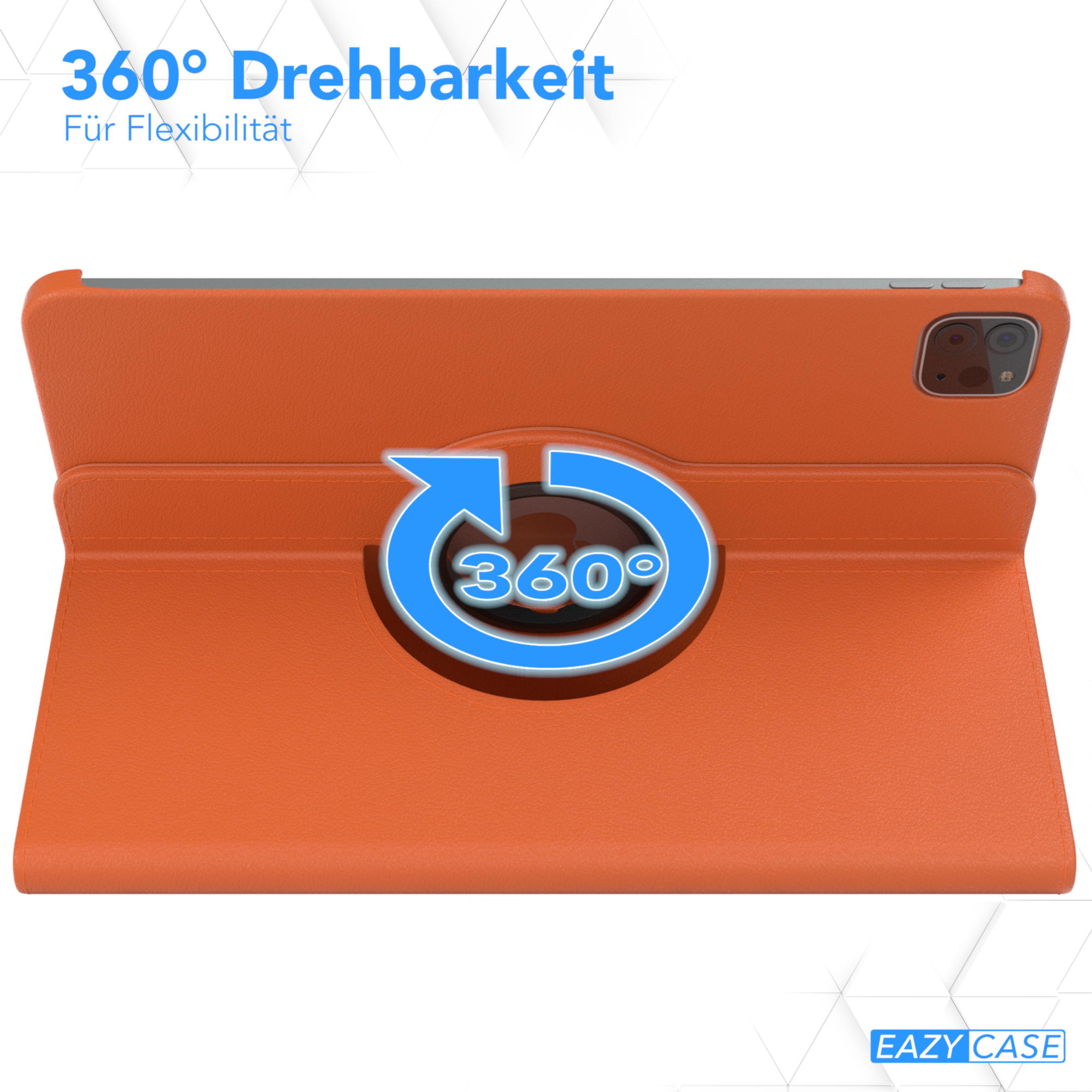 Orangefarbene Tablethülle, drehbar. Eine orangefarbene Hülle mit einem 360°-Drehsymbol, das Flexibilität zeigt.
