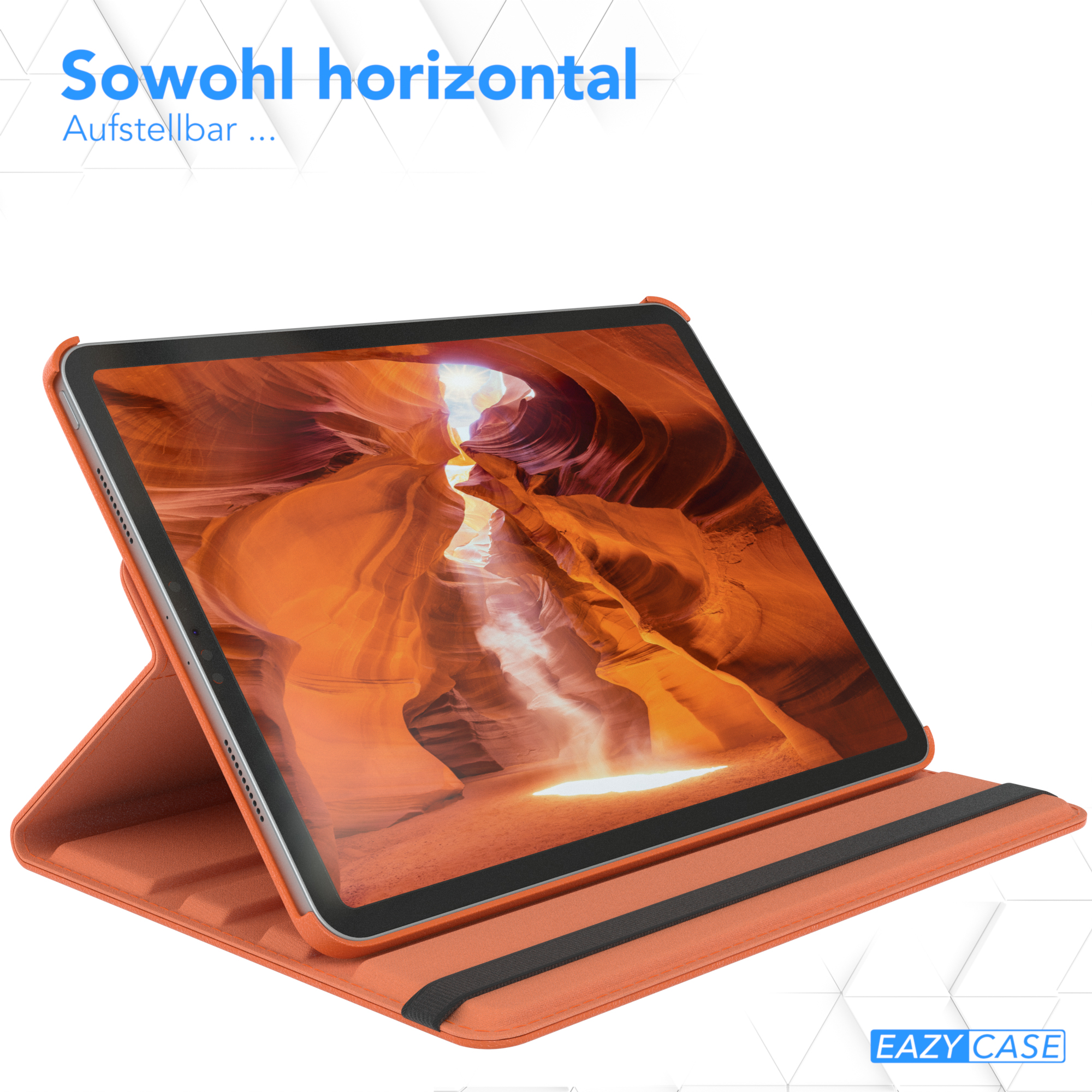 Eine orangefarbene Tablethülle mit einem geöffneten Tablet ist sichtbar.
