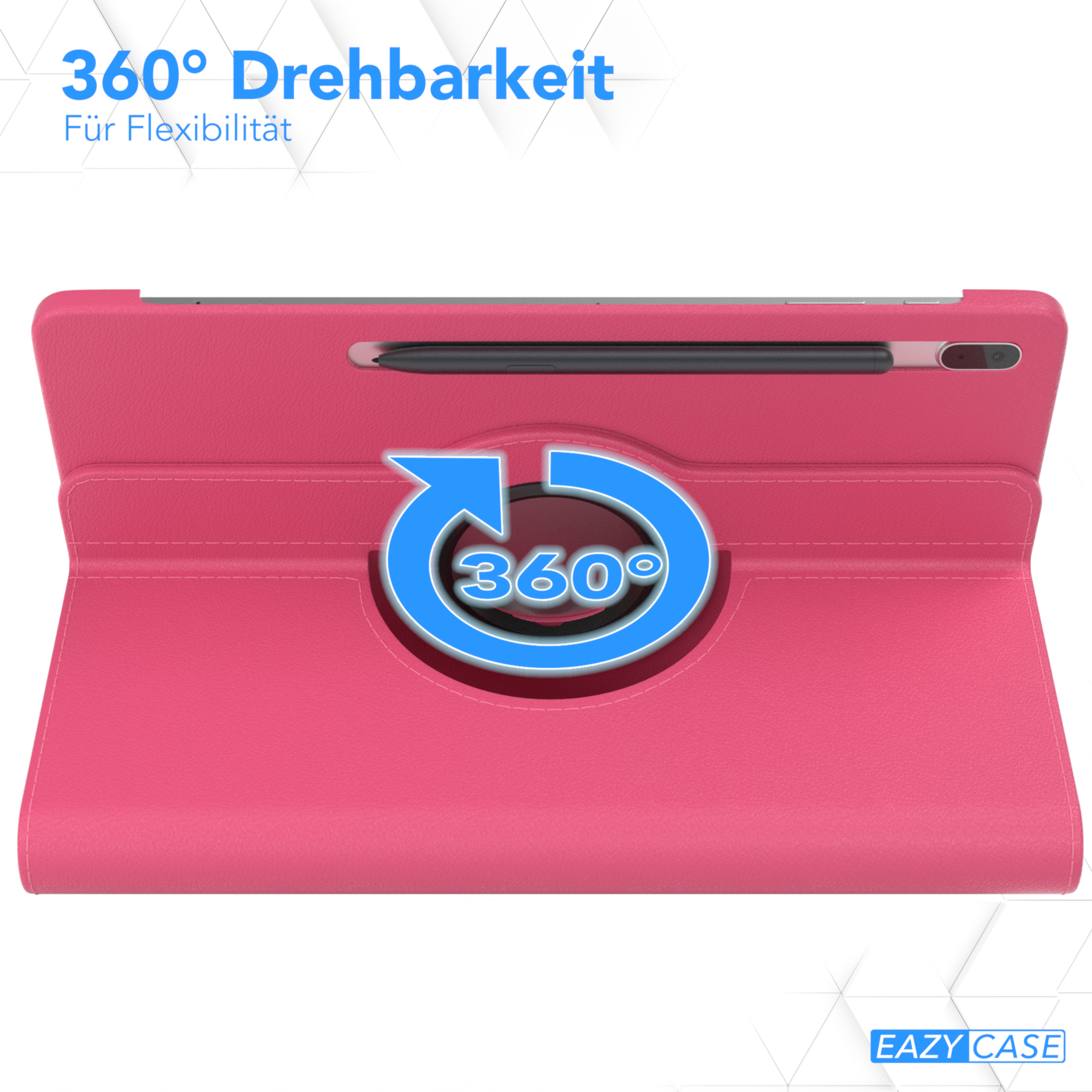 Eine pinke Tablethülle mit Stift und 360°-Drehsymbol.