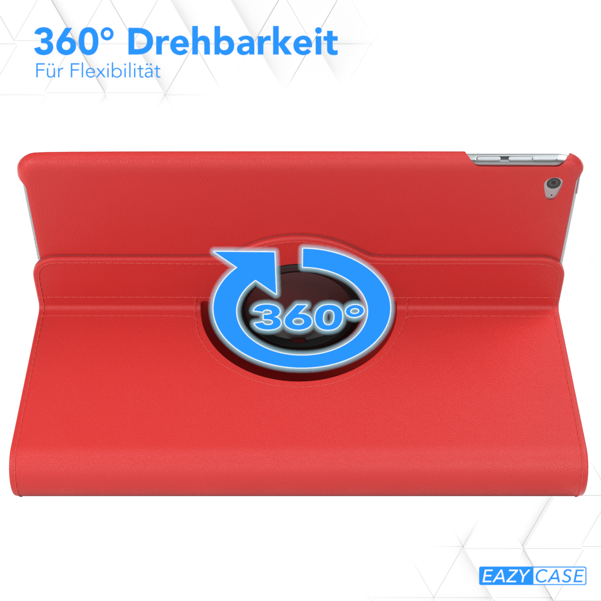 Rote Tablethülle, drehbar. Eine rote Hülle mit einem 360°-Drehsymbol, das Flexibilität zeigt.