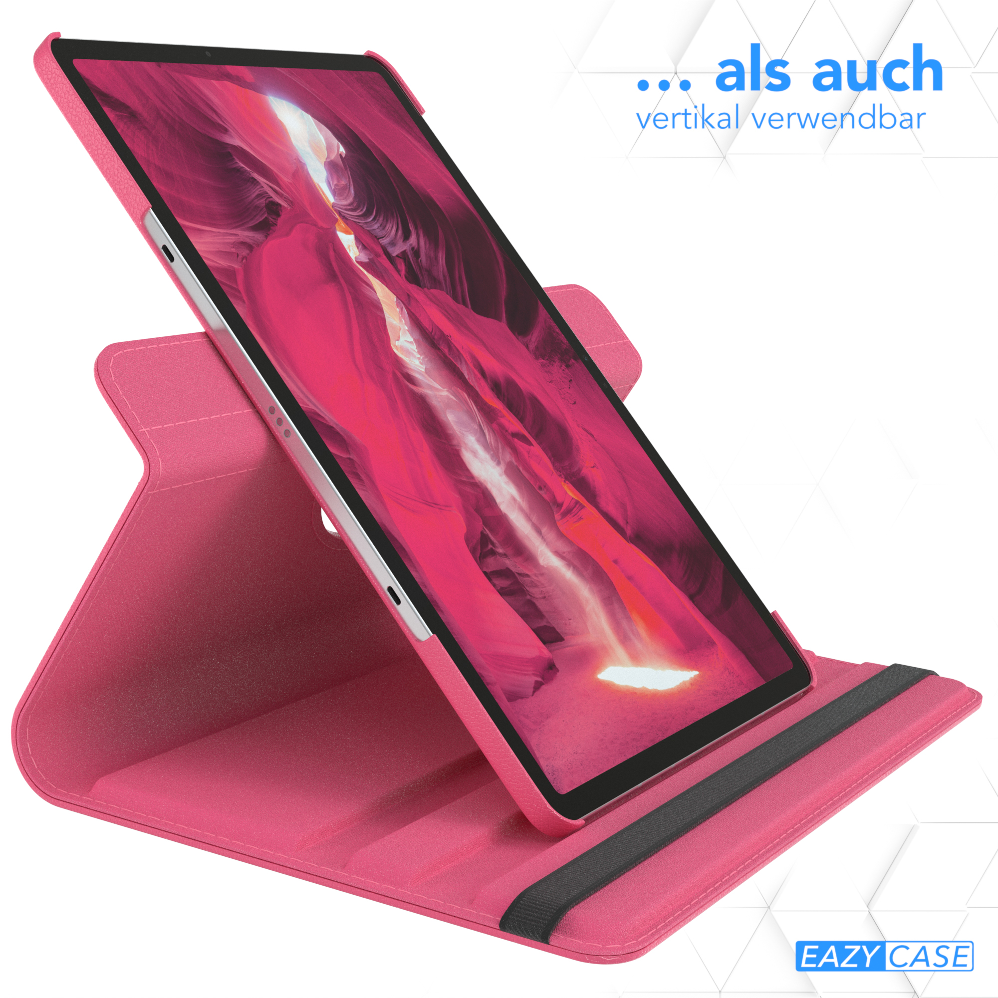 Ein pinkfarbenes Tablet in einer pinkfarbenen Hülle, die in einem Ständer aufgestellt ist.