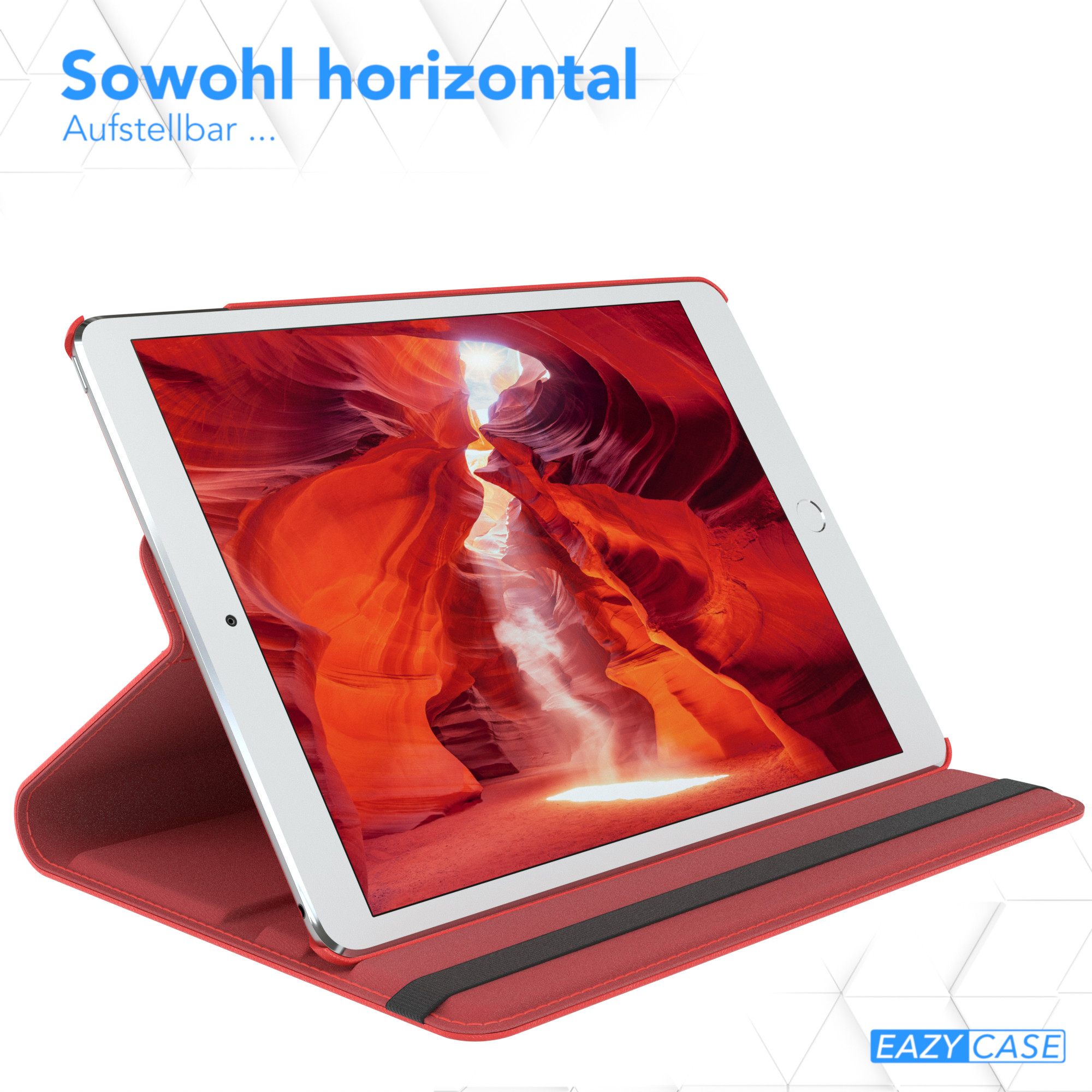 Rote Tablet-Hülle, geöffnet, zeigt ein Tablet. Text: Auch horizontal geeignet. Aufstellbar...