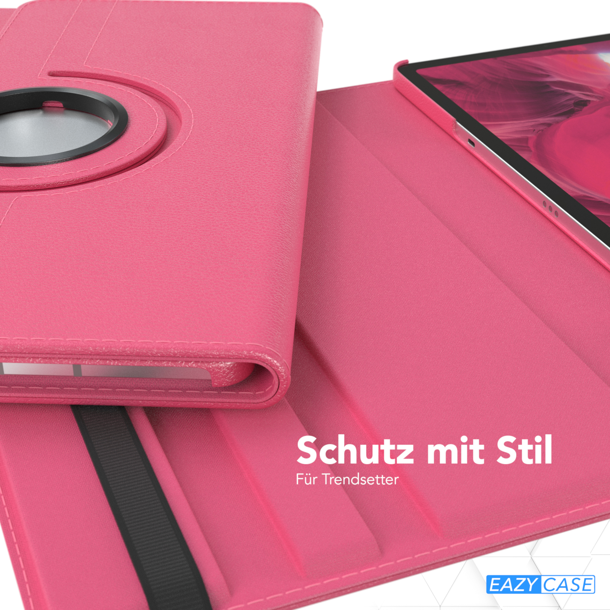 Eine rosa Tablethülle mit einem Tablet darin. Text auf der Hülle: Schutz mit Stil. EAZY CASE ist sichtbar.